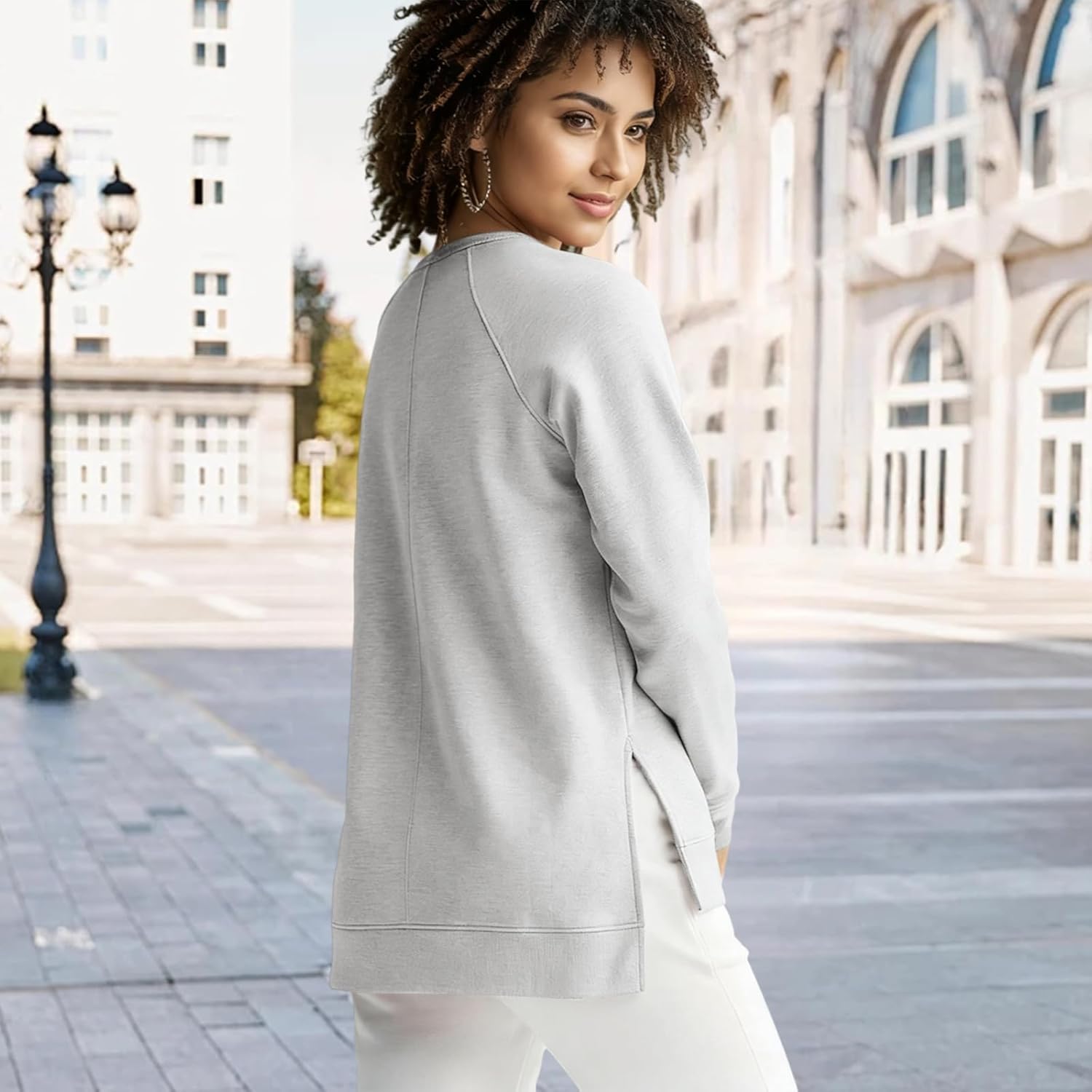 Women's Long Sleeve Sweatshirt, V Neck Pullover Tops with Side Slits Loose Fit Front Short Back Long Outfits - Image 2