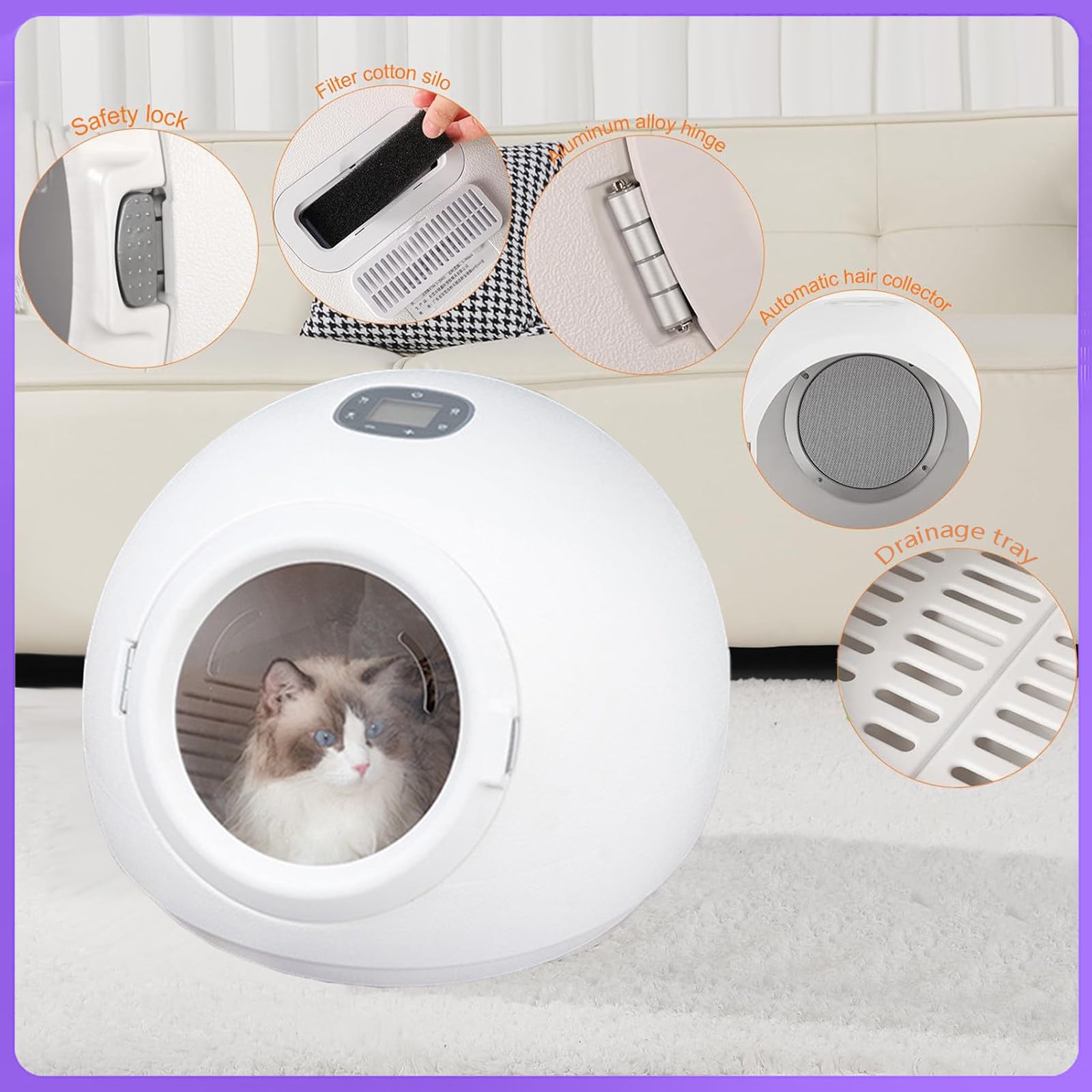 Automatische Haustier Trocknungsbox, Extrem Leise Hunde-Trocknungsbox für Katzen und Kleine Hunde, mit Einstellbarer Temperatur und Zeitsteuerung und 360 Warmem Wind,220V