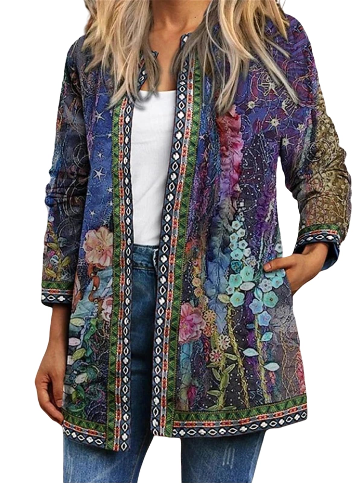 Womens Boho Floral Open Front Cardigan Lightweight Casual Long Sleeve Ethnic Fall Jacket Coat with Pockets
