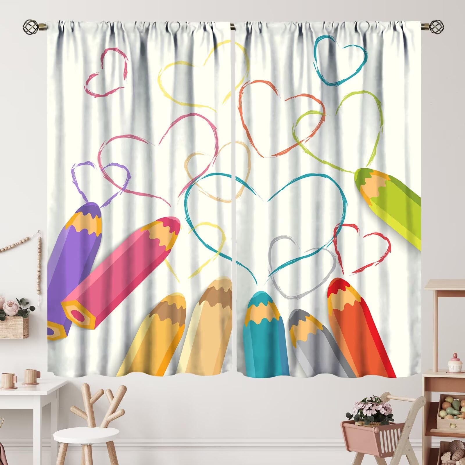 ZhiRain Colourful Pencil Curtains Cute Crayons Love Doodle on Beige Background Curtain with Rod Pocket for Kids Nursery Bedroom Home Decor Drapes