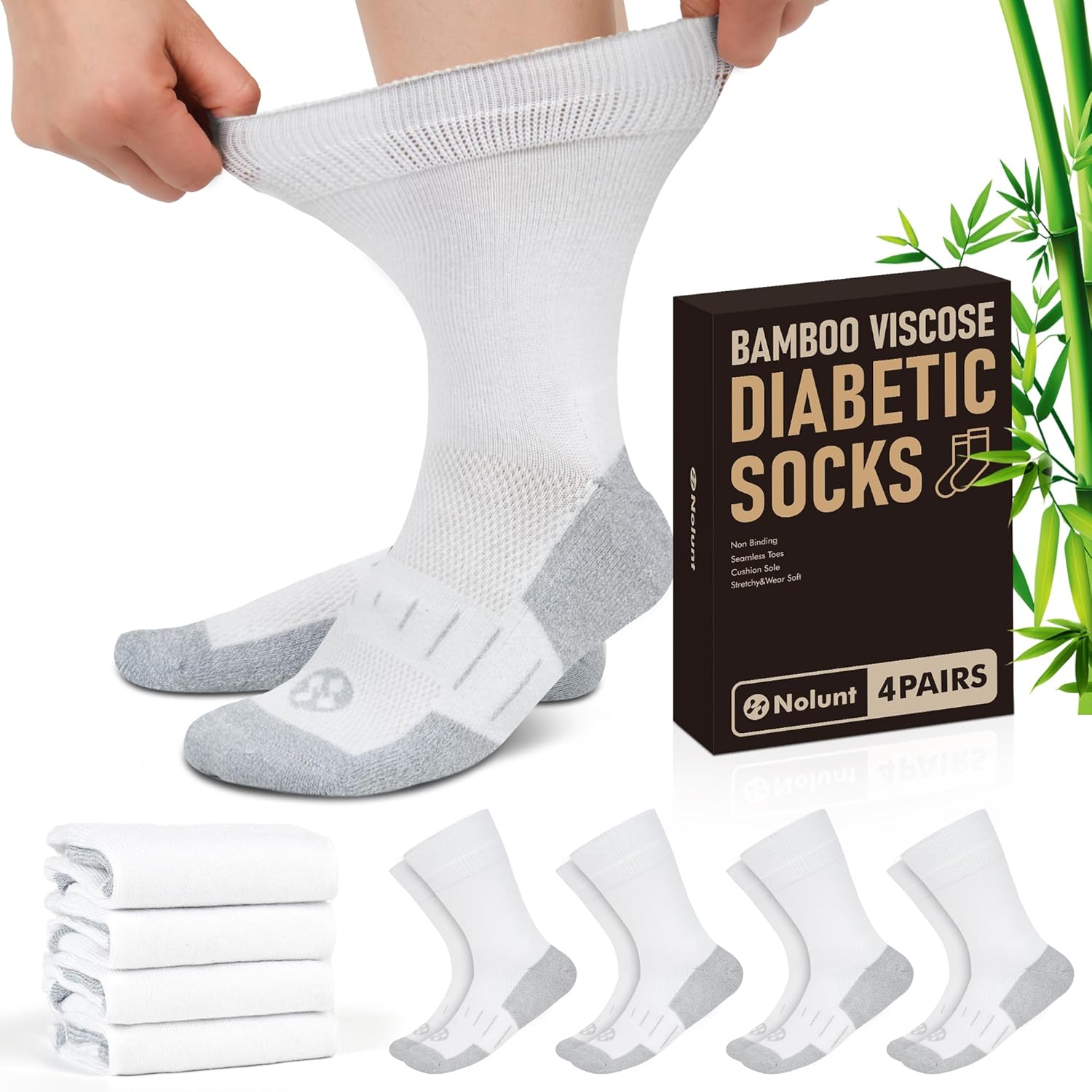 NOLUNT Diabetic Socks for Men,4 Pairs Non Binding Loose Wide Top Crew Socks for Men Size 9-11/10-13/13-15.