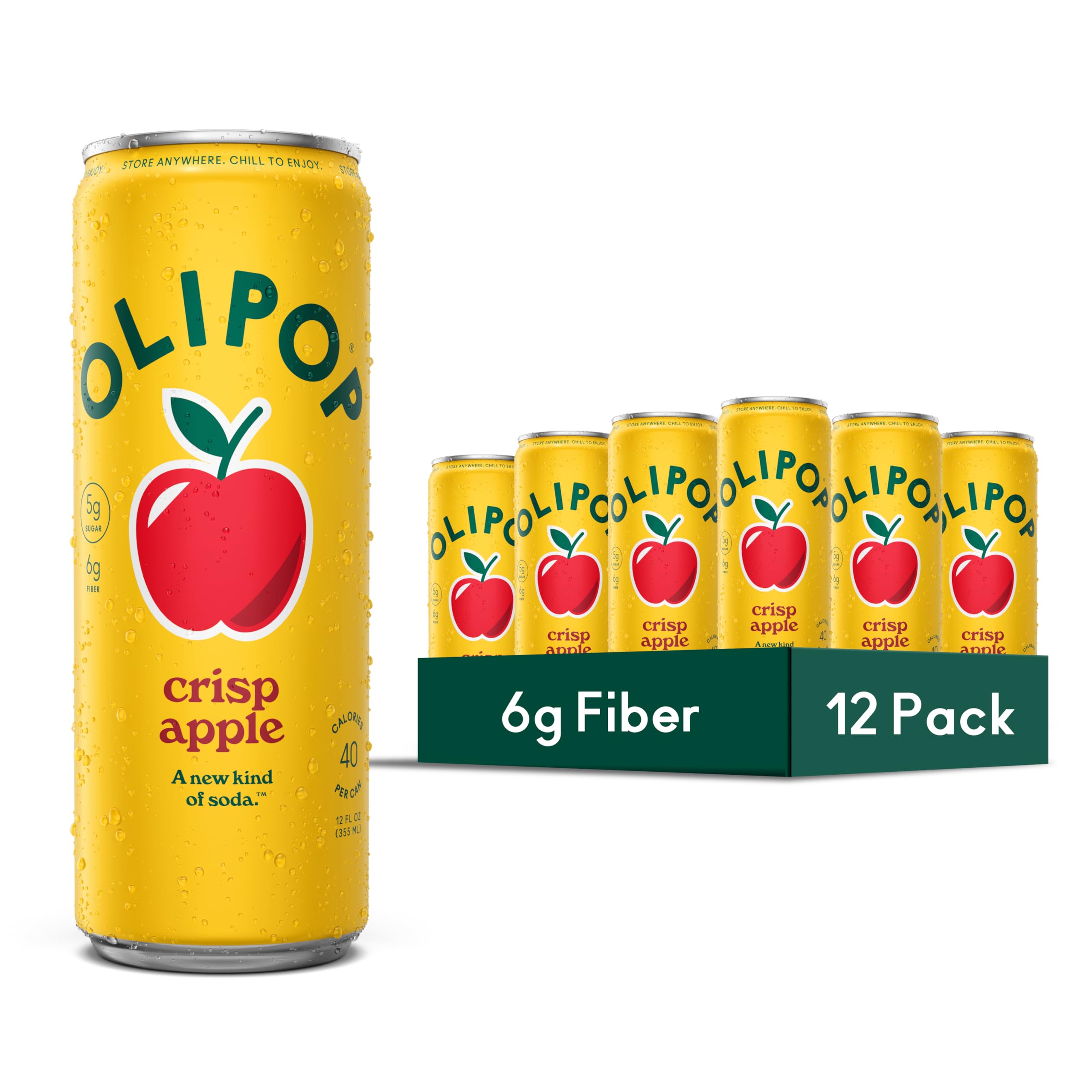 OLIPOP Sparkling Prebiotic Soda, Crisp Apple, Pantry Pack Packed with Prebiotics, Fiber, and Botanicals, Gluten Free, GMO Free, 12oz Skinny Can (12-Cans) (Packaging May Vary)