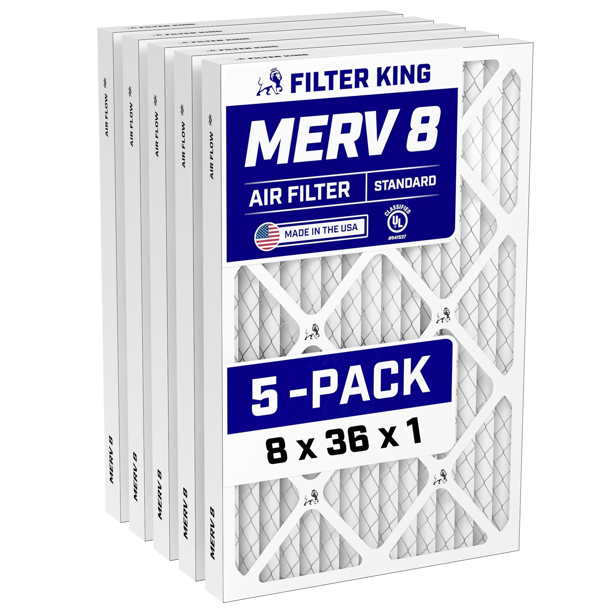 Filter King 8x36x1 Air Filter (MERV 8) (5-Pack) Dust & Allergy Control AC Furnace Filters, MADE IN USA, HVAC, Pleated, Electrostatic (Actual Size: 7.5