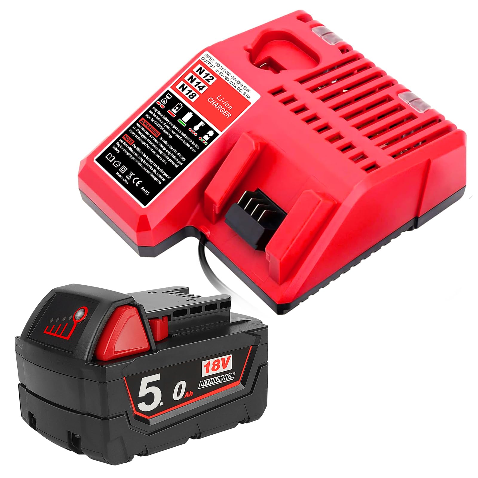 Powarobor M18B5 18 V 5,0 Ah de batería de Recambio y Cargador Kit Compatible con Las Herramientas eléctricas Milwaukee de 18 voltios, con indicador LED