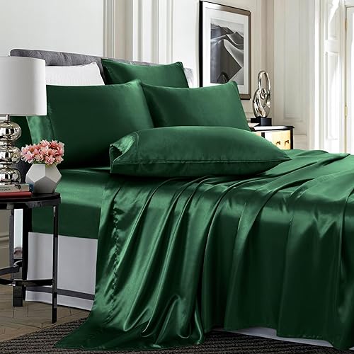 TREELY Sábanas de satén tamaño Queen  Juego de sábanas de satén suave de 6 piezas de color verde negruzco con bolsillo profundo, 1 sábana bajera + 1