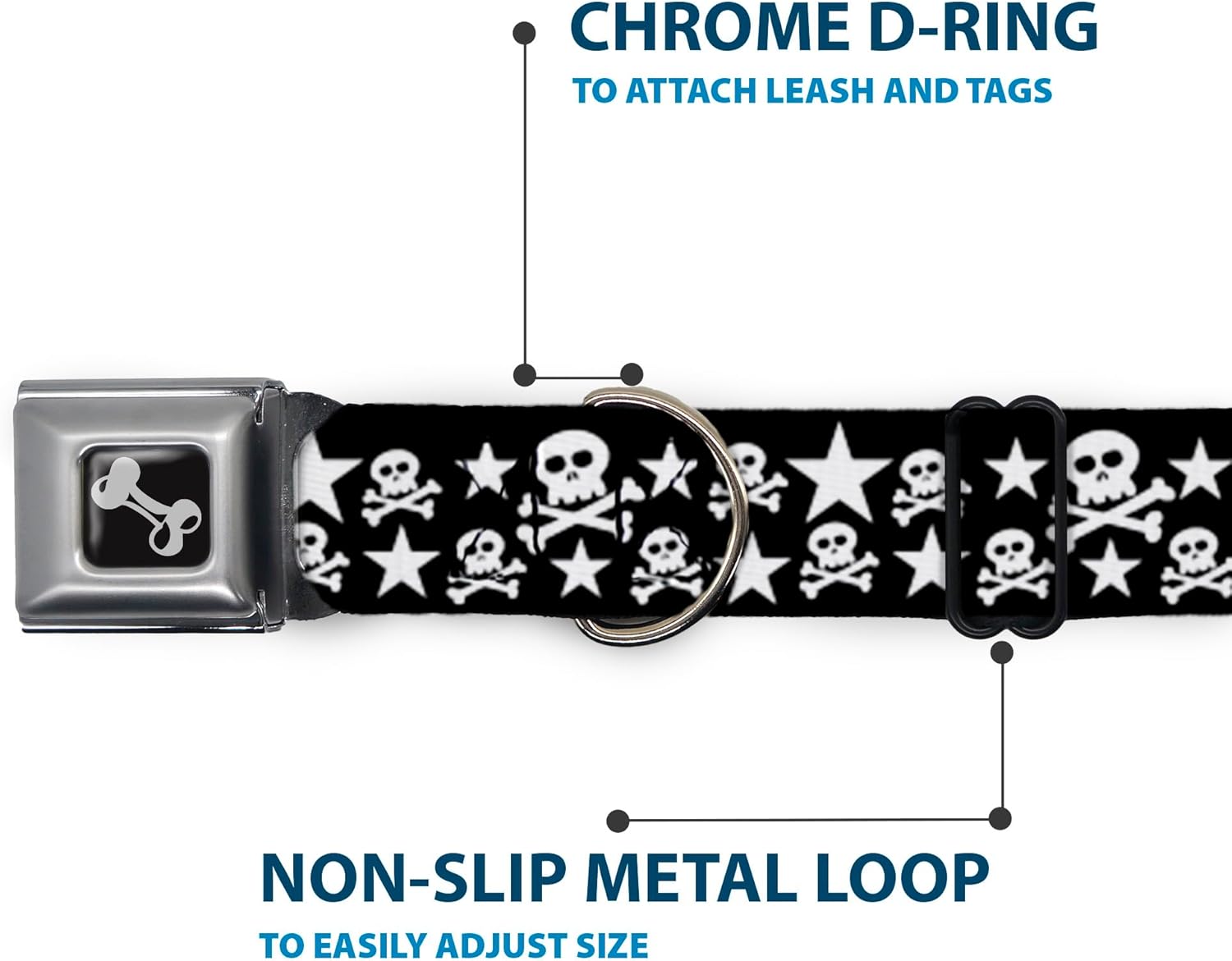 Buckle-Down Seatbelt Buckle Dog Collar - Skulls & Stars Black/White - 1.5" Wide - Fits 16-23" Neck - Medium