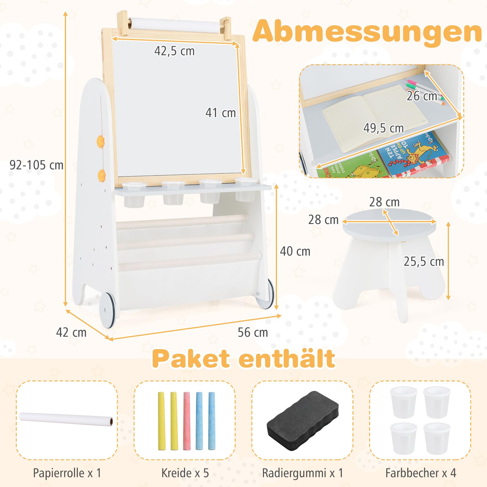 COSTWAY Kinder Staffelei mit Hocker, 4-in-1 Kindertafel mit Magnettafel, Schultafel, Bücherregalen, Standtafel inkl. Papierrolle & Zubehör, Kinderstaffelei für Kinder ab 3 Jahren