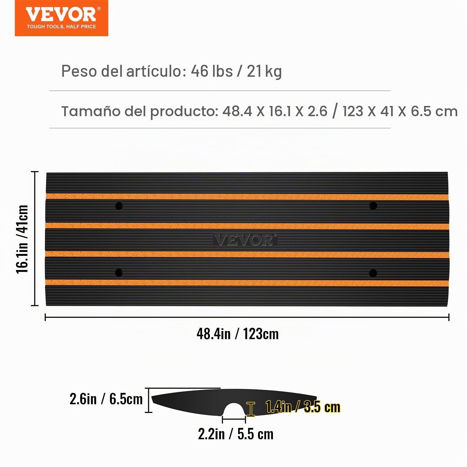 VEVOR Rampa de Umbral 6,5 ​​cm 2 Piezas Rampas de Goma para Acera Carga 15 T Rampa de Acceso para Sillas de Ruedas Antideslizante Extensible para Carga de Muelle Entrada de Garaje 122x40,5x6,5 cm