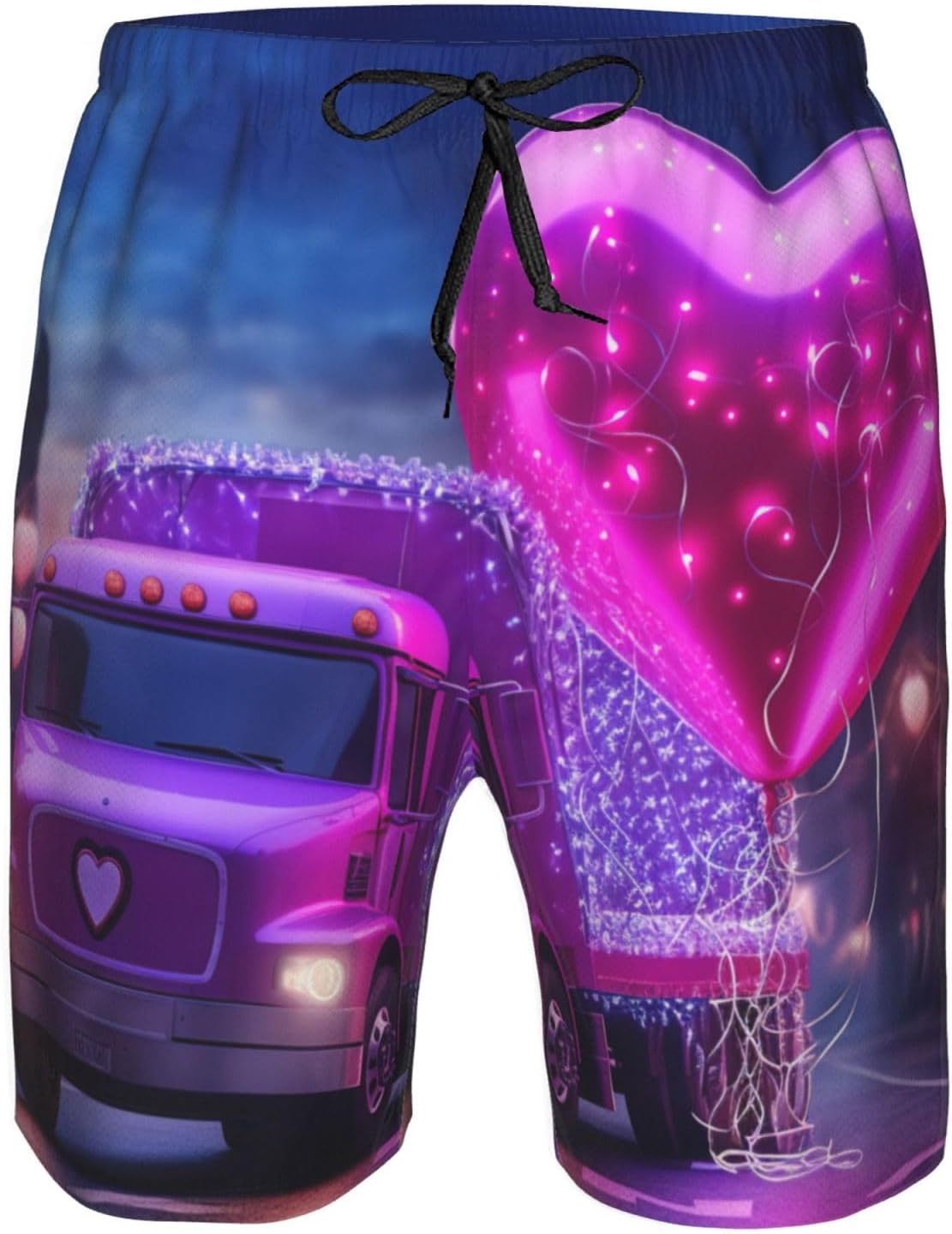 Mens Romantic Truck Heart Balloon Print Beach Shorts,Casual Summer Shorts for Men,Quick Dry Polyester