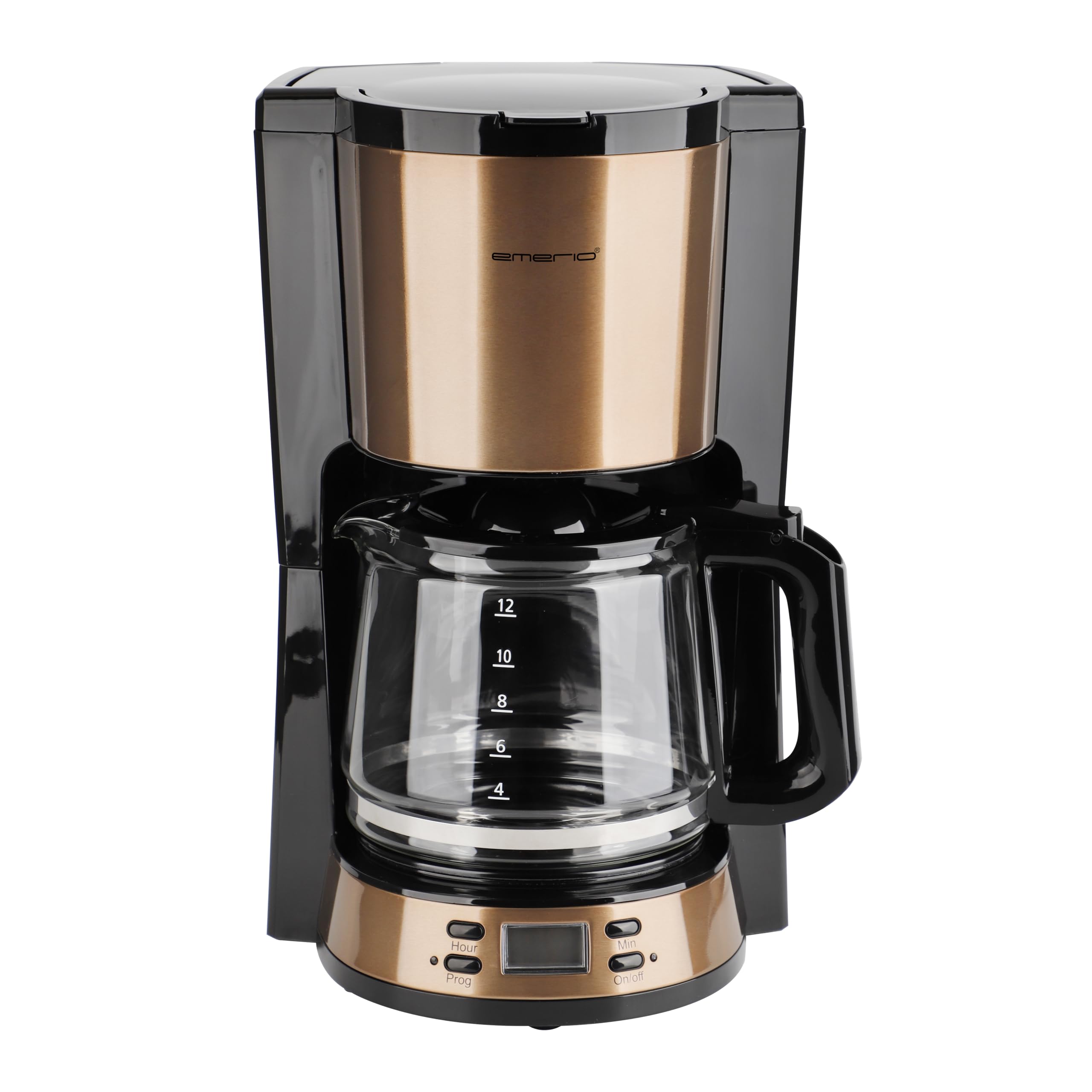 EMERIO Cafetera con filtro con temporizador y pantalla, diseño de cobre, jarra de cristal de 1,5 l para hasta 12 tazas de café fresco, filtro permanente extraíble, función antigoteo, 1000 W, CME