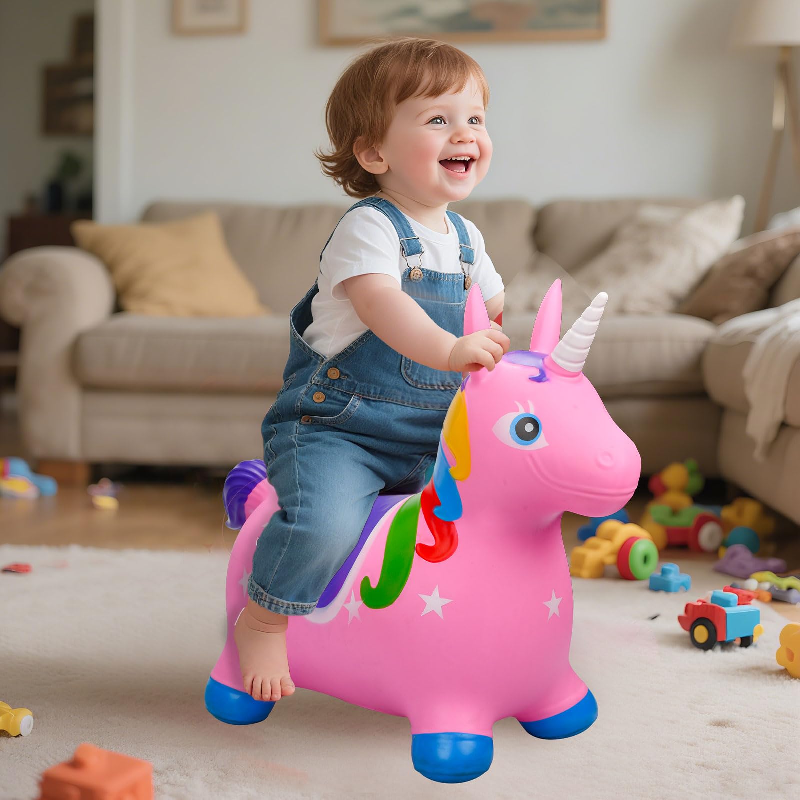 Juguetes de salto con unicornio con bomba de aire – Colorido caballo saltarín para niños de 0–3 años – Juguetes de salto inflables de PVC grueso, no tóxico – Diseño antivuelco, antideslizante y