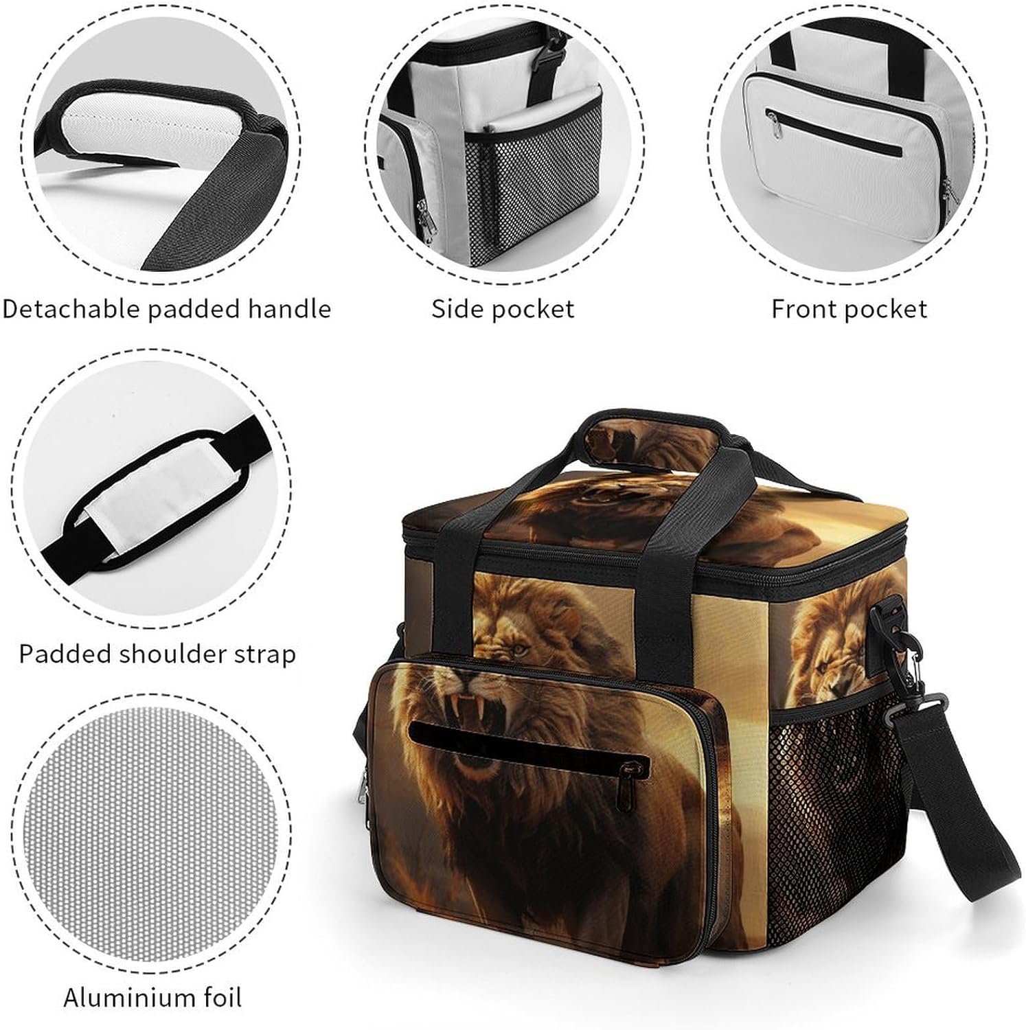Camping Ice Pack, Angry Roaring Lion Print Cooler Bag, 22.5L Large Capacity Insulated Lunch Tote Bag for Outdoor, Picnic, BBQ, Travel, Work