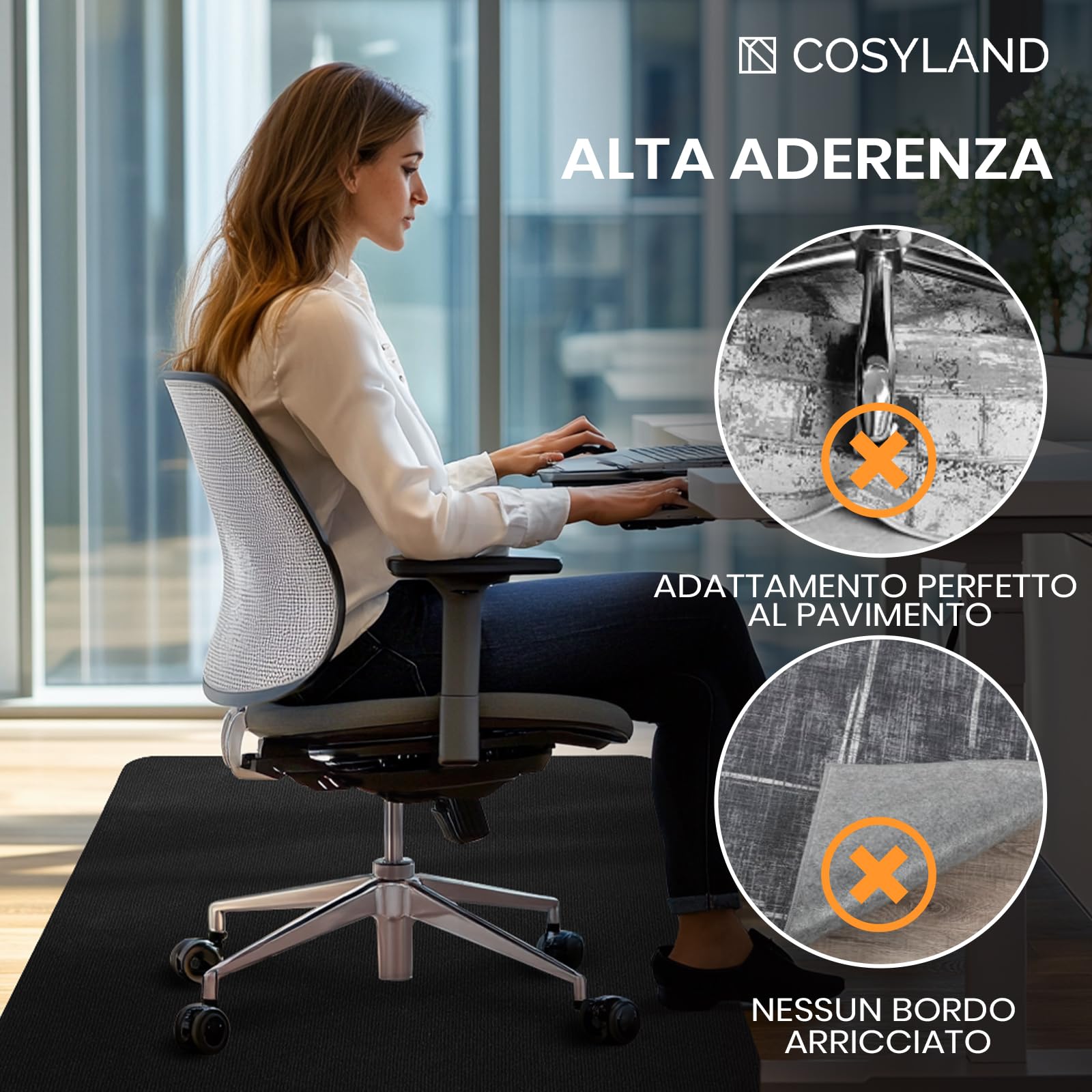 COSYLAND Tappeto sedia ufficio 90x120 cm – Tappeto sedia gaming - Tappeto per sedia con ruote antiscivolo, protezione pavimento per parquet e piastrelle (Nero)