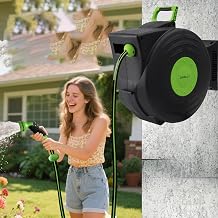 Retractable Garden Hose Reel, Smooth Slow Auto Rewind & Any-Length Lock, Premium Wall Mounted with 180 Swivel Bracket, 1/2 in High-Pressure Hose with 66 FT, Two Sprays