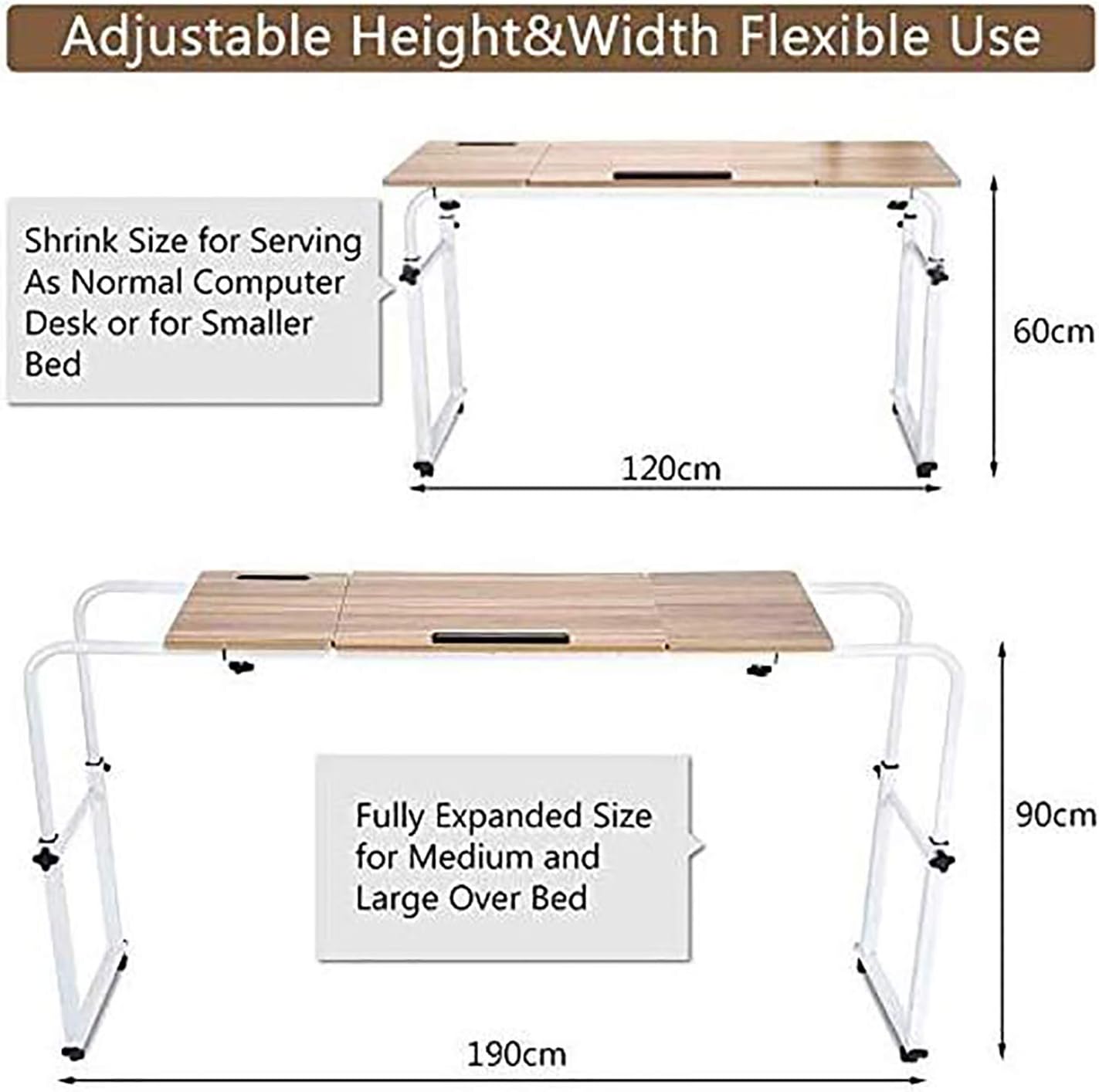 Portable Medical Overbed Table,Adjustable Bed Table Home Rolling Mobile Computer Laptop Desk Over,Scalable Simple Care