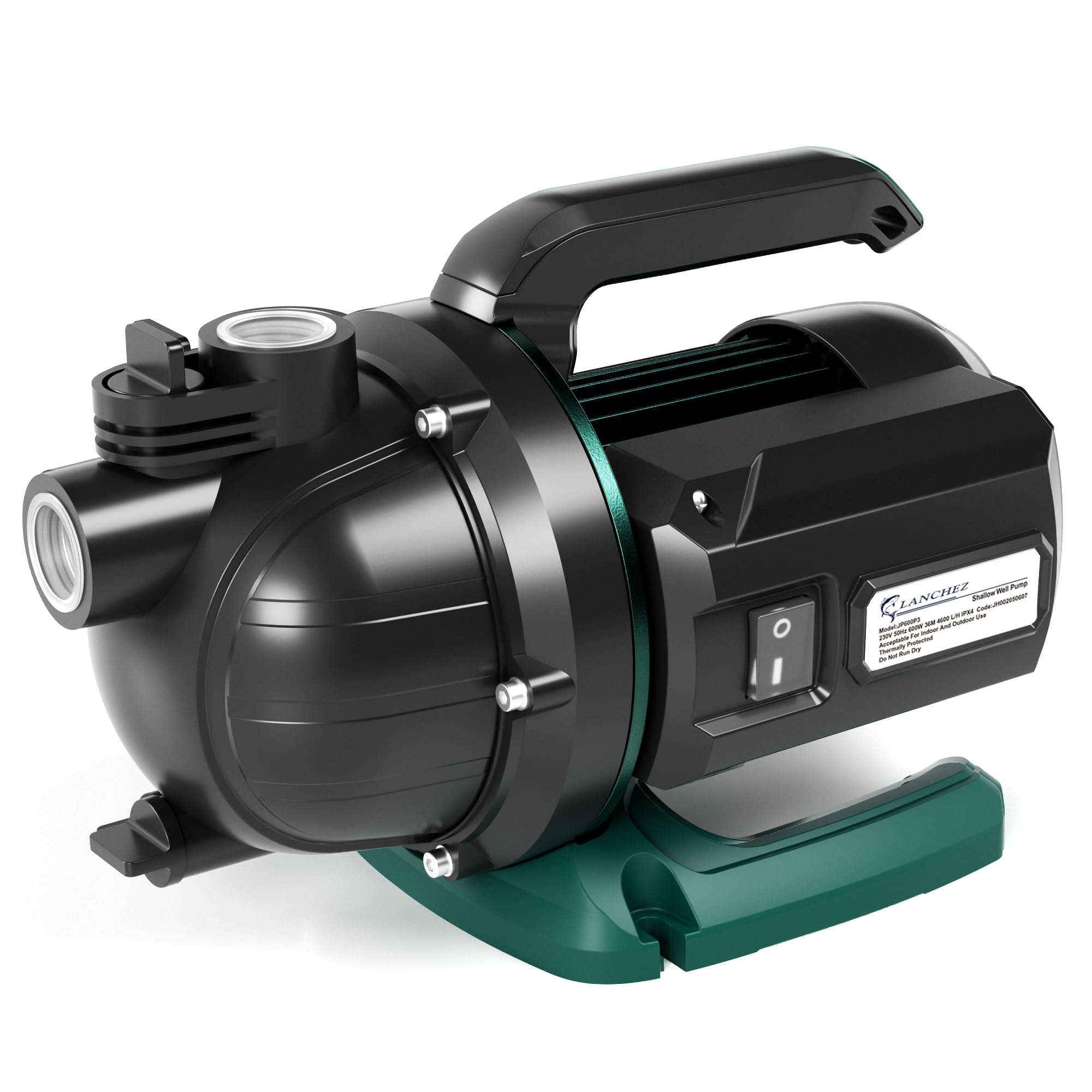 LANCHEZ Pompe de Jardin 4600 L/H, 600 W, Hauteur de Refoulement 36 m, Hauteur d'Aspiration 8 m, Poignée de Transport, Pompe à Eau pour Récupérateur d'Eau de Pluie, Citerne et Étang