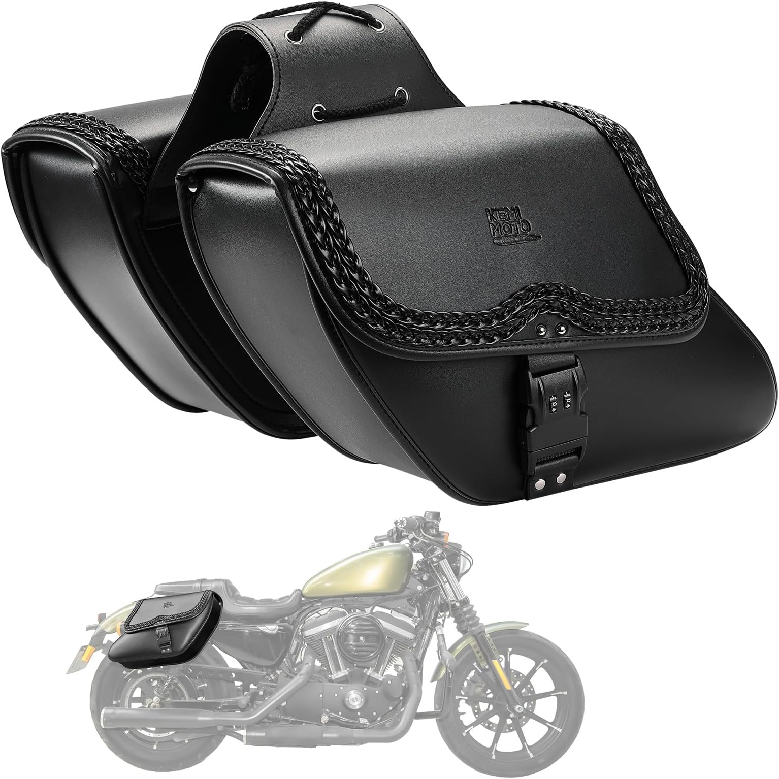 KEMIMOTO Motorcycle Saddlebags, Synthetic Leather Side Bag with Lock, 28L Waterproof Double Strap Studded Slant Saddle Bags Avoiding the Turn Signal for Sportster, Black