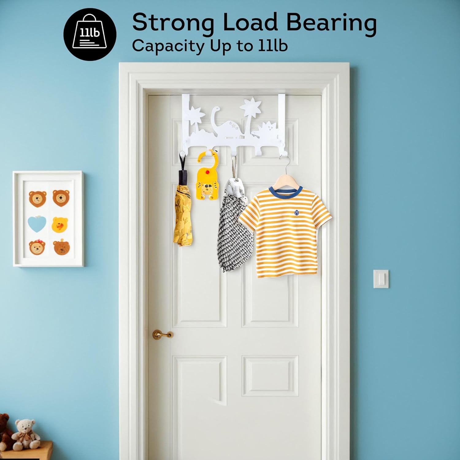 Lily's Home Dino Design Over The Door Hooks - White Behind Door Hanger with 5 Hooks for Clothes & Towels - Easy Install Coat Rack Load 11 Lb. - 14.96" Wide - Ideal for Kids' Rooms & Bathrooms