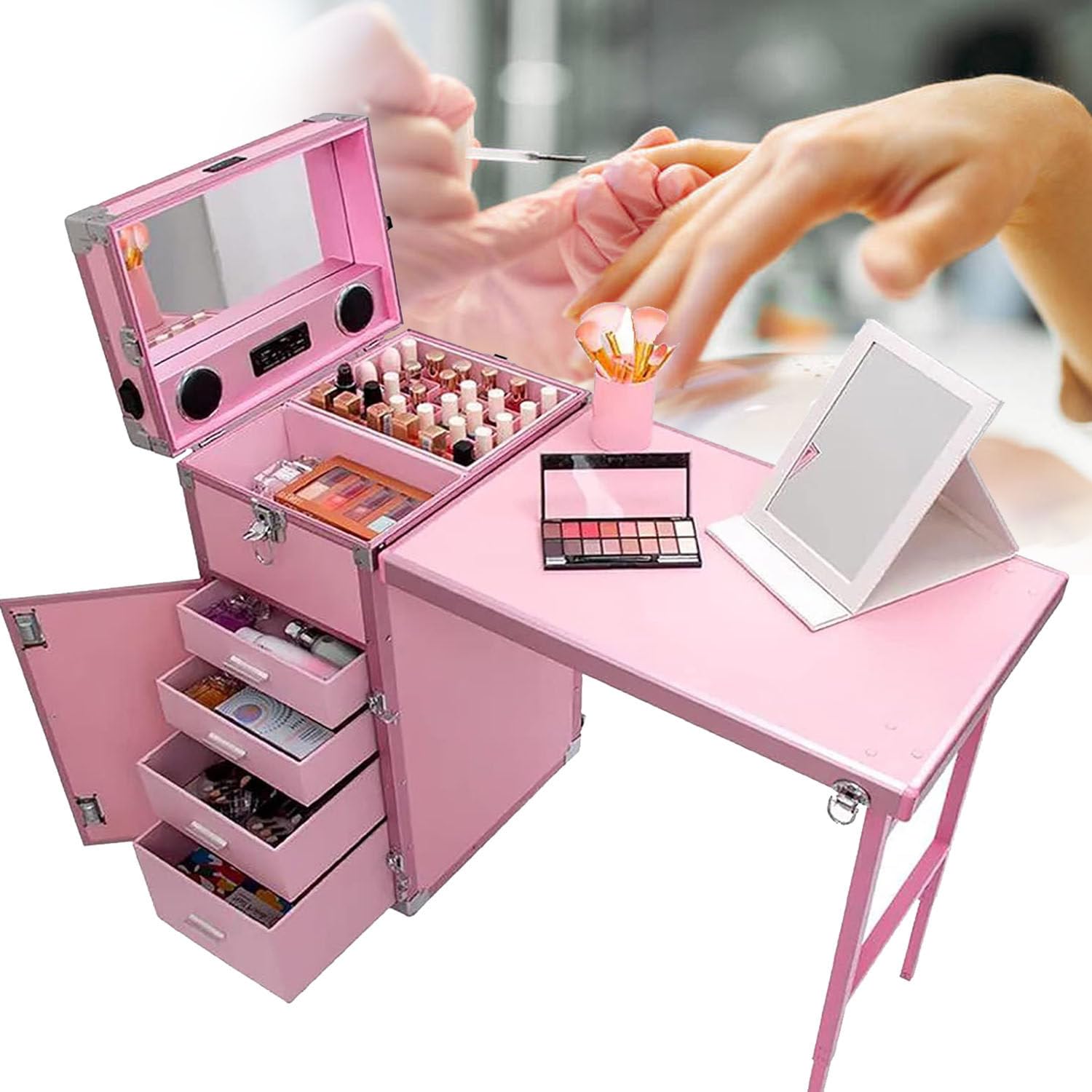 Escritorio de manicura móvil rodante, Mesa de uñas Plegable, Mesa de Maquillaje multifunción, con Almacenamiento/Espejo/Altavoz Bluetooth (Rosa)