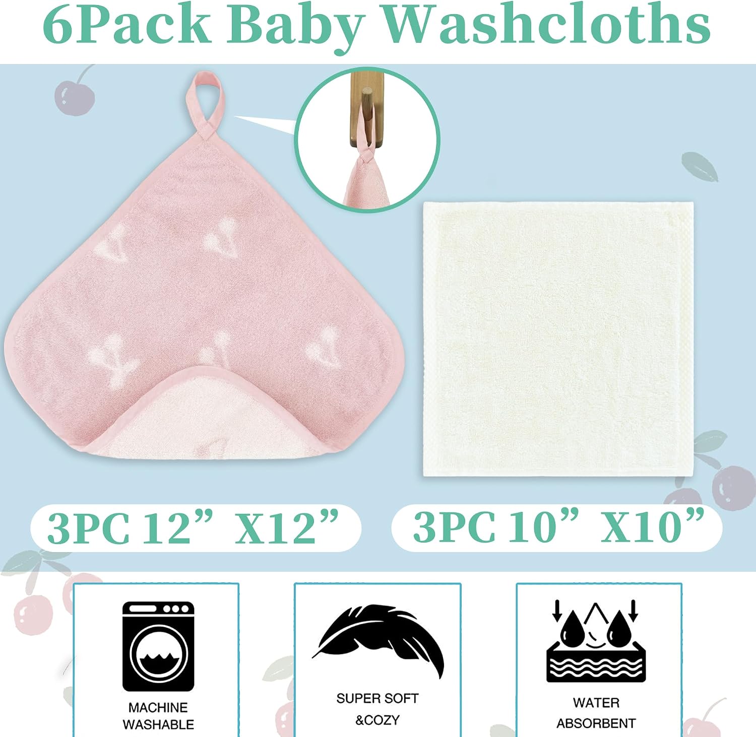 VOOVA & MOVAS Cherry & Ivory 6 Pack 100% Cotton Washcloths – 12"x12" – Ultra-Soft & Highly Absorbent – Newborn Towels Set, Baby Essentials