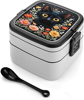 Retro Cat Double Layer Bento Box with Spoon, 1000ml Portable Lunch Container with Compartments, Leak Resistant Meal Prep Box for Work, Travel, Picnic, Camping