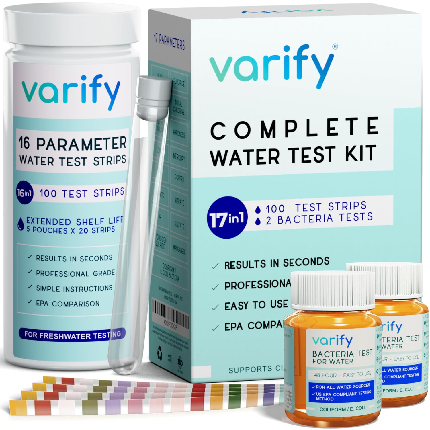 17 in 1 Drinking Water Test Kit - Incl. 2 Bacteria Tests - Home Water Quality Test - Well and Tap Water - Easy Testing Strips for Lead, Bacteria, Hardness, Fluoride, pH, Iron, Copper and More!
