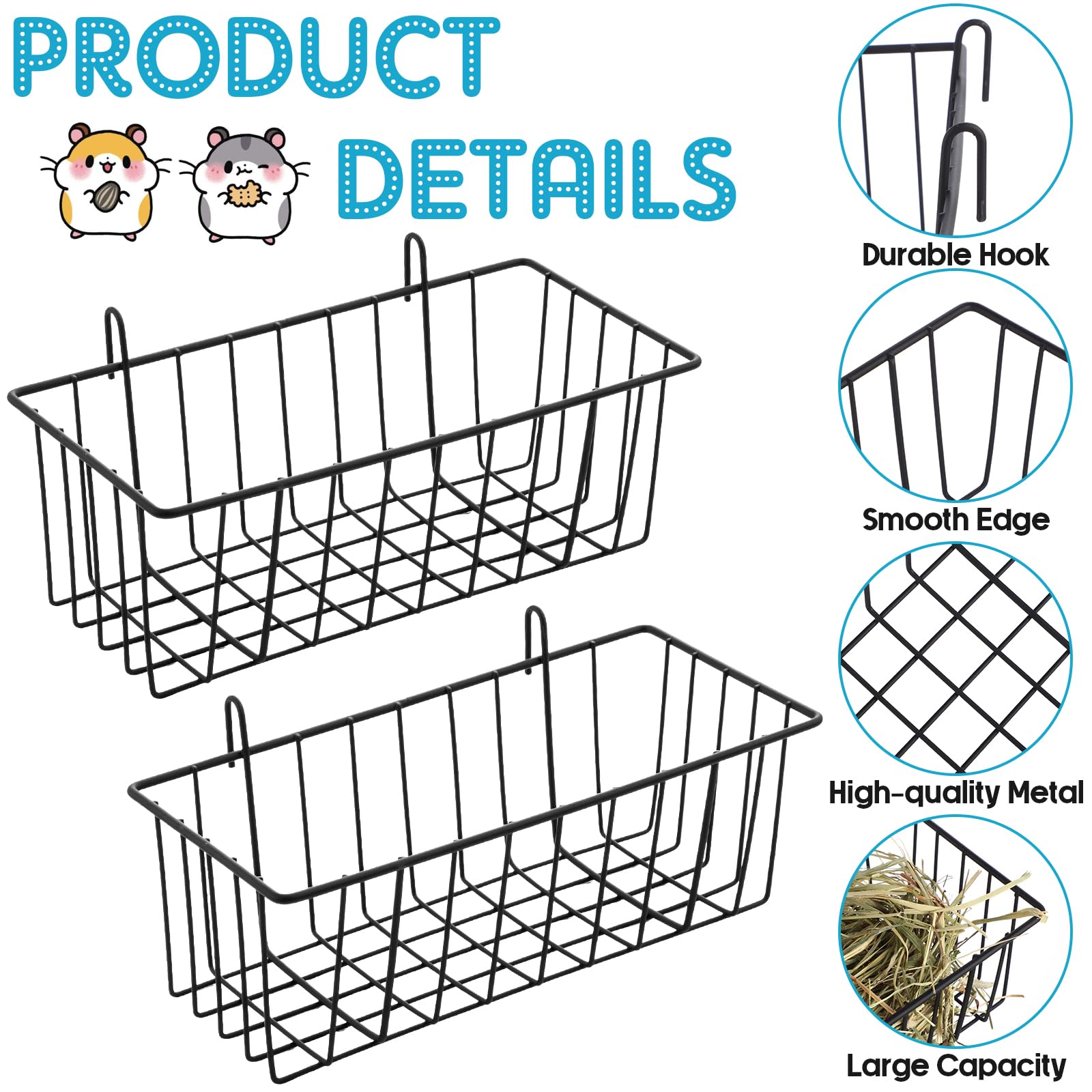 Therwen 4 Pcs Rabbit Hay Feeder Guinea Pig Heavy Duty Metal Frame Hay Rack with Hooks Cage Hanging Holder for Bunny Chinchilla Small Animals Accessories(9.8 x 5.1 x 3.5 Inches) - image 3