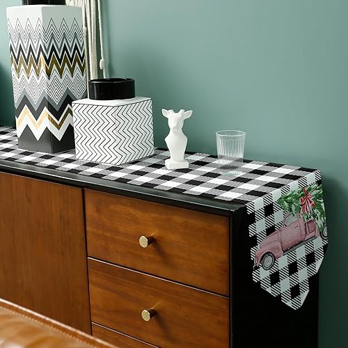 Miniatura 6 de Camino de mesa de automóvil rosa navideño de 13 x 70 pulgadas de largo, algodón y lino, decoración de mesa de arpillera, bufandas de tocador para