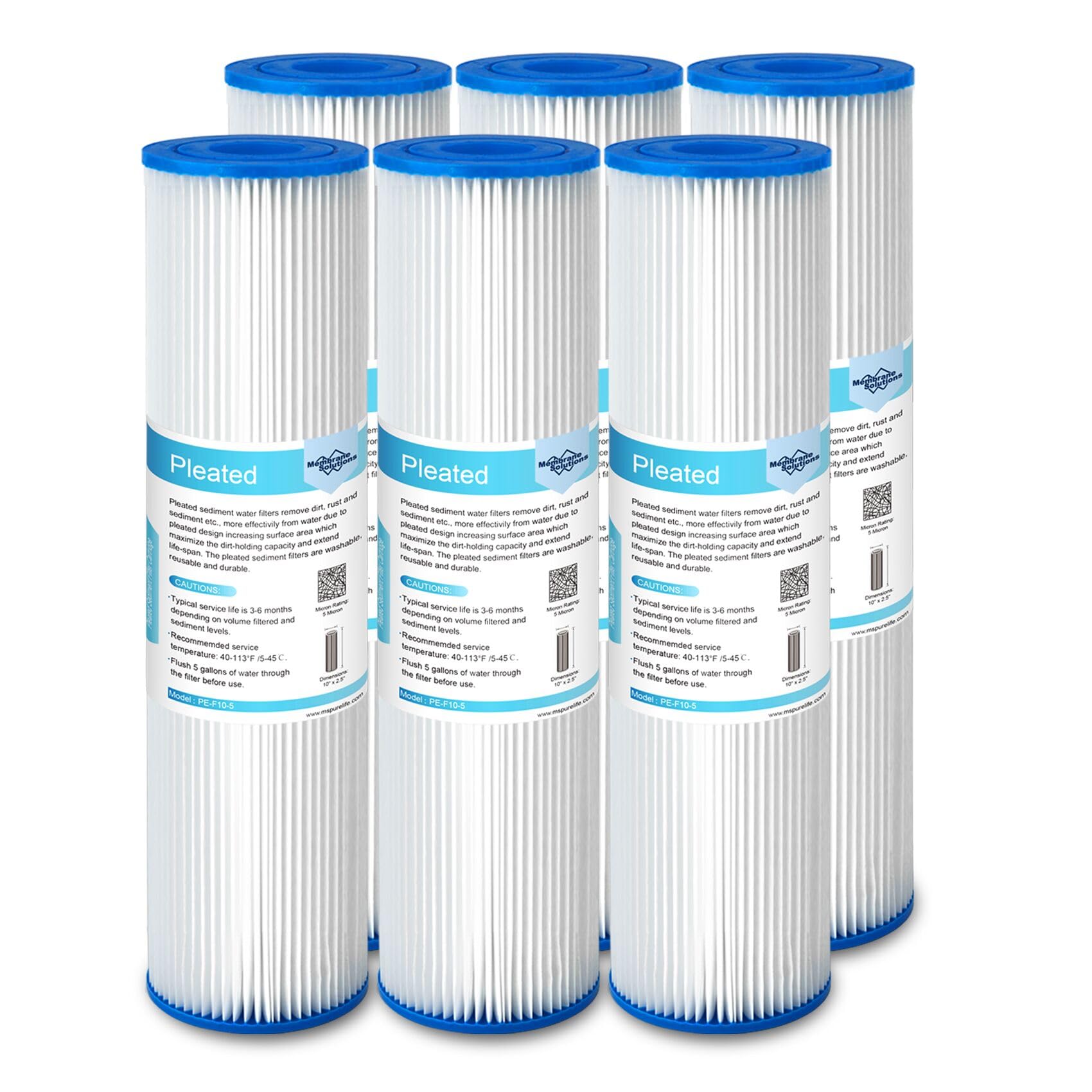 Membrane Solutions Filtre à eau à sédiments plissé 5 microns 25,4 x 6,3 cm | Lot de 6 cartouches de rechange pour filtre à eau de puits, compatible avec WFPFC4002, CW-F, CW-MF, WP-5