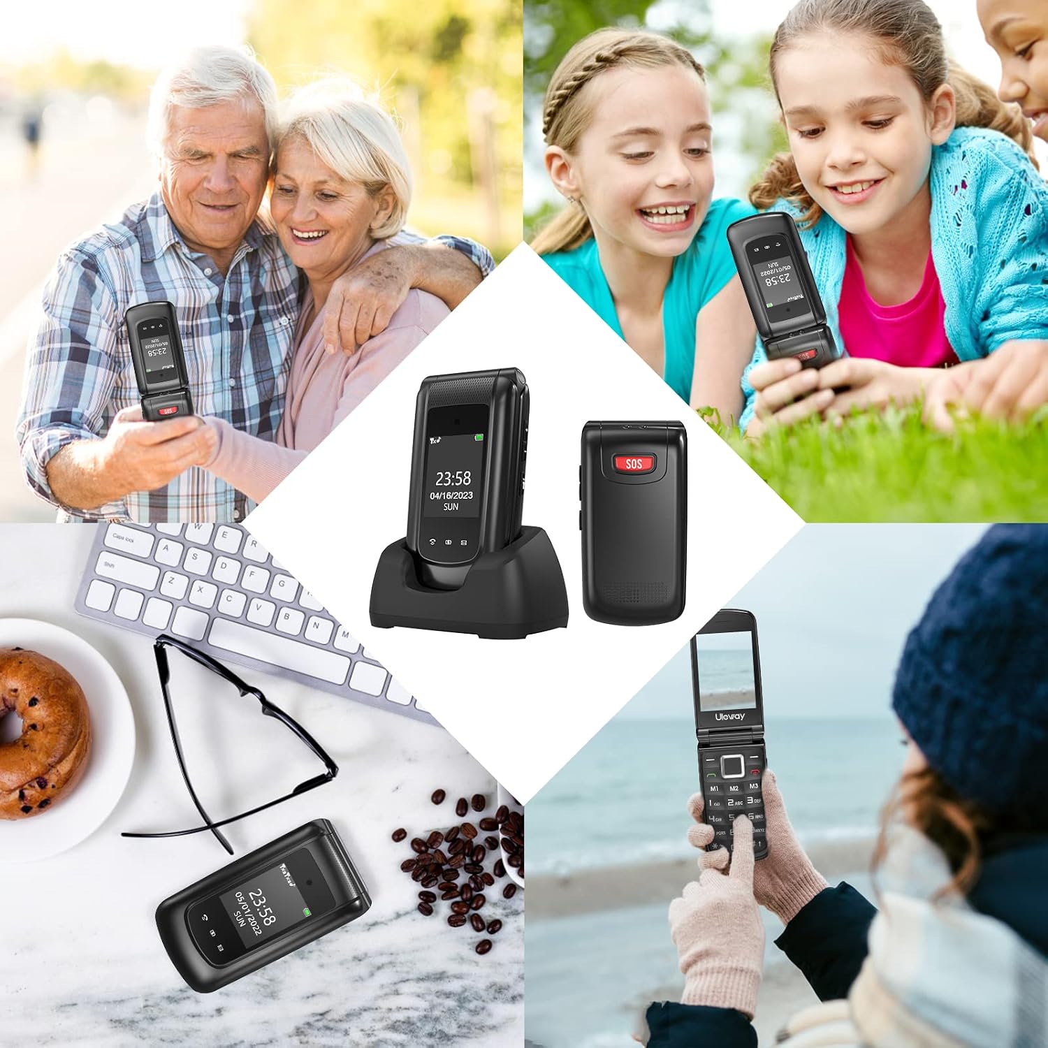 Collage of various people, including seniors and children, using the uleway G380D phone in different settings like home, park, and beach