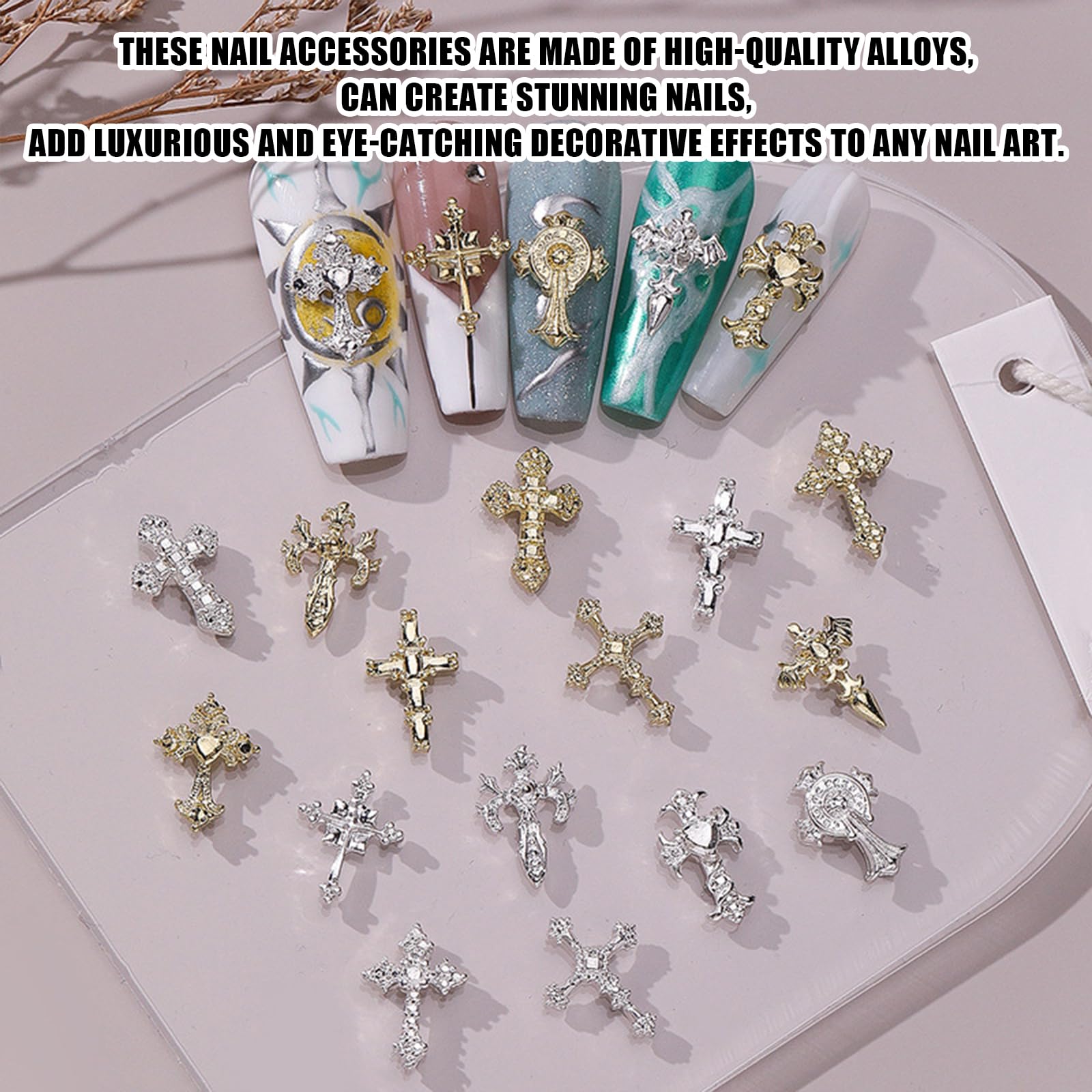 Cross Nail Charms,80Pcs Gold Silver Metal Cross Charms for Nails,3D Nail Studs and Rhinestones for Manicure Design Decorations DIY Crafts (D Gold Silver) - Image 3