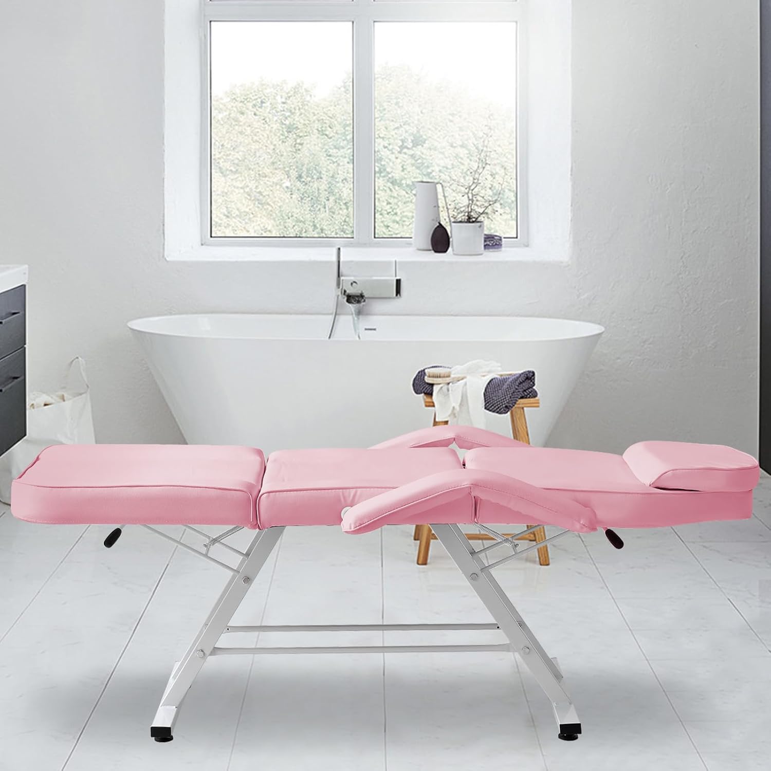 Tattoo Chair 3-Section Adjustable Salon Table with Head Cushion and Stool, Facial Chair Massage Bed, Max Weight Capacity 330lbs (Pink)