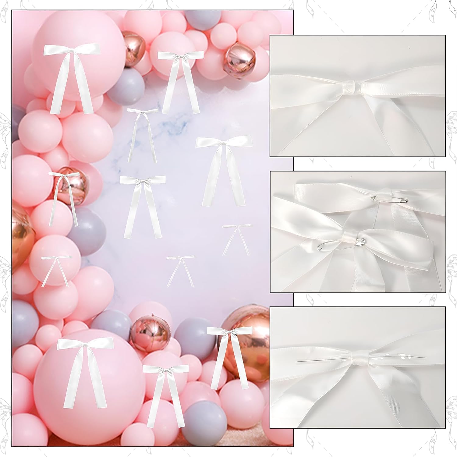 48Pcs White Bow Wall Decor, Satin Ribbon Bow Birthday Decorations Photo Backdrop Party Decor for Birthday Baby Shower Bachelorette Wedding Party Room Bedroom