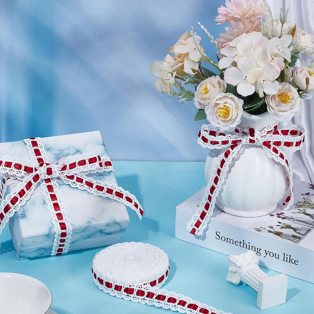 BENECREAT 10 Yards Cotton Lace Trim with Polyester Ribbon, 7/8Inch Crochet Knit Lace Trim for Garment Accessories, Gift Decoration, DIY Sewing Craft Supply (White & Red)