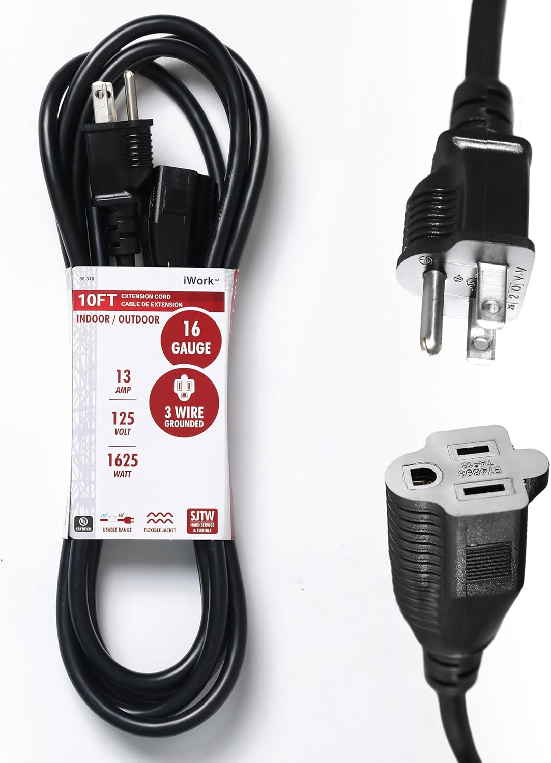 10ft Black Extension Cord, 16/3 SJTW Heavy-Duty, 10' Cable 3-Prong Grounded Plug, Weather-Resistant Power Strip, UL Listed, 13 Amp/1625 Watt Capacity, 10-Foot Extension Cords for Indoor/Outdoor