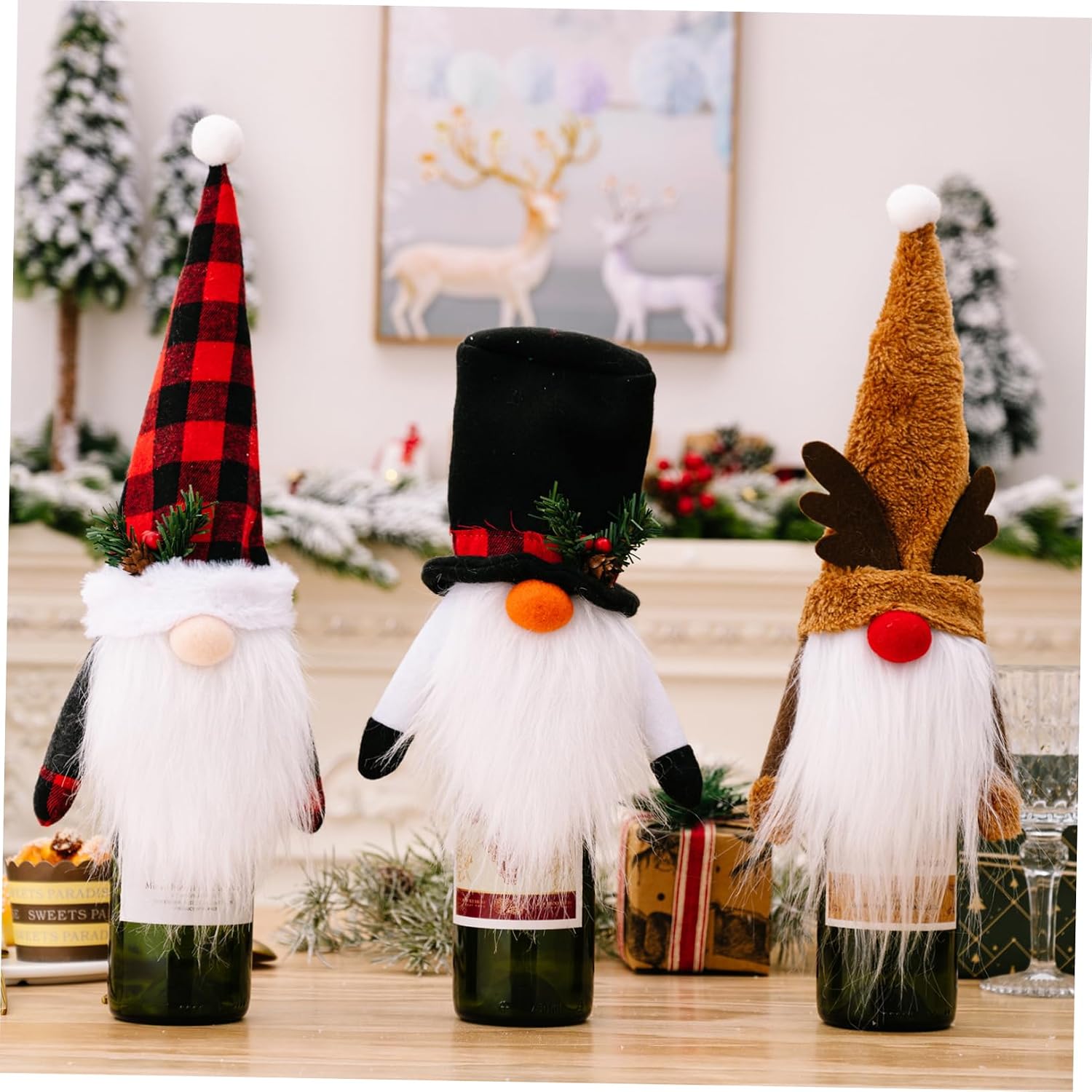 Wine Decor 3pcs Plush Handmade Xmas Bottle Cover Party Decoration