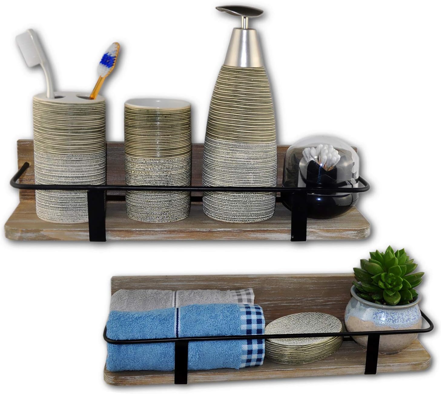 Set of 2 (Large & Small) Grey Wall Mount Floating Shelves Rustic Torched Wood Espresso Black Metal Rail Storage Organize and Display for Living Room Bedroom Kitchen Room Bathroom Closet