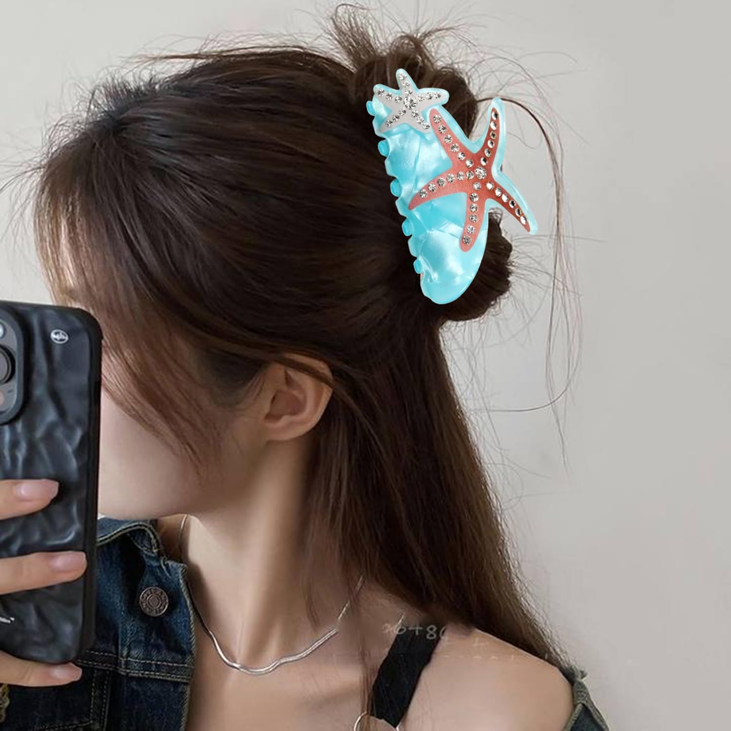 1Pack Starfish Hair Claw Clip - Summer Beach Starfish Hair Clip Blue Acetate Non Slip Hair Jaw Barrettes Exquisite Crystal Marine Life Starfish Hair Clamp Strong Hold Hair Accessories for Women Girls image 2