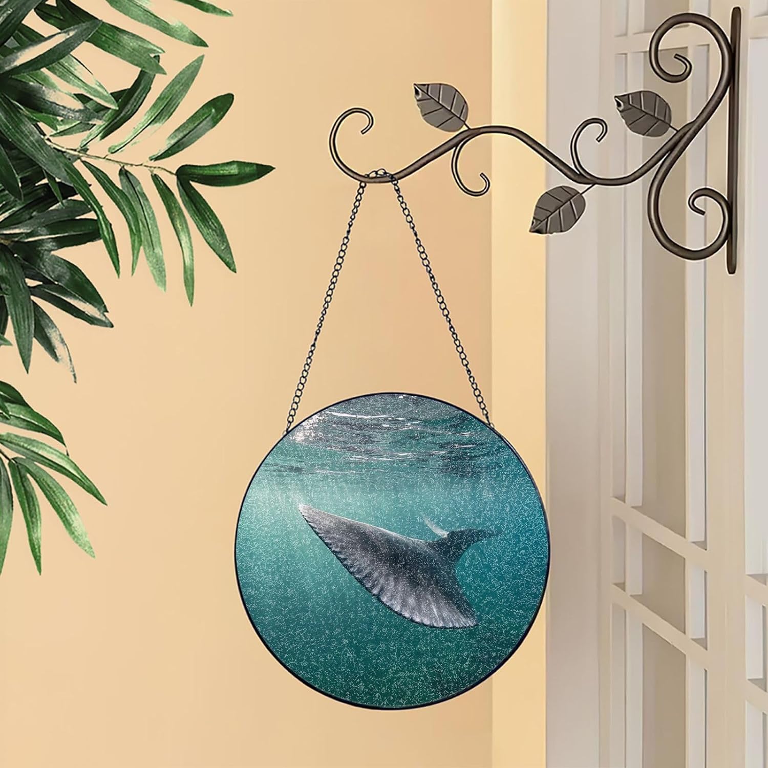 Stained Glass Window Hanging 6in Window Suncatcher Glass Panel with Metal Chain Whale Fin Sun Catchers Wall Art Home Decor Gift for Women Mother's Day
