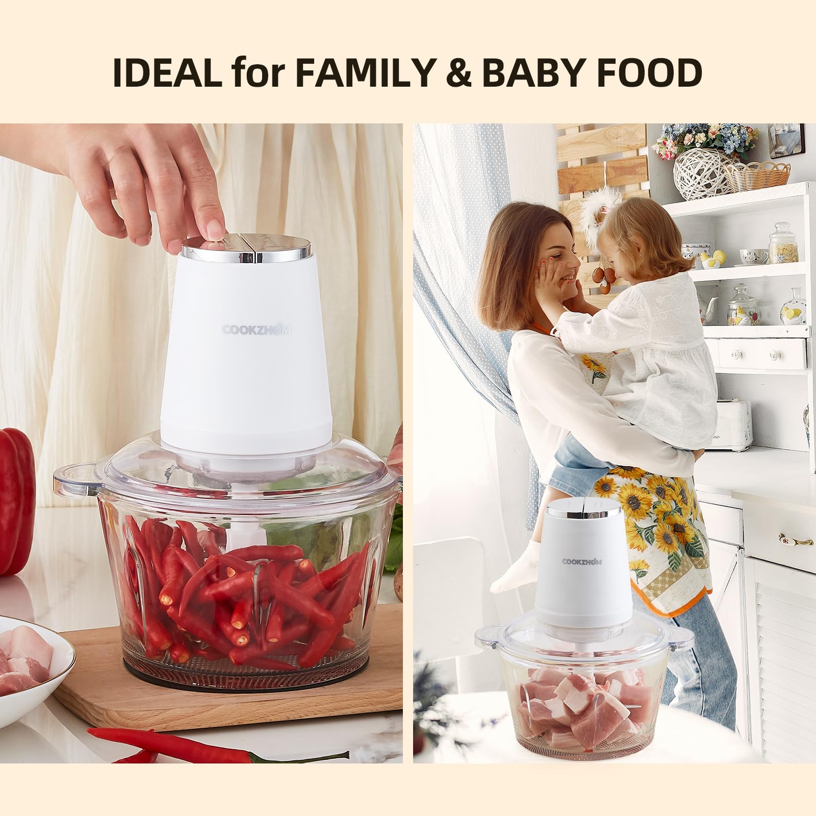 Procesador de alimentos, picadora eléctrica de alimentos con motor de acero inoxidable de 500 W y 4 juegos de cuchillas afiladas, cuenco de vidrio de 8 tazas para carne, verduras, frutas y 7