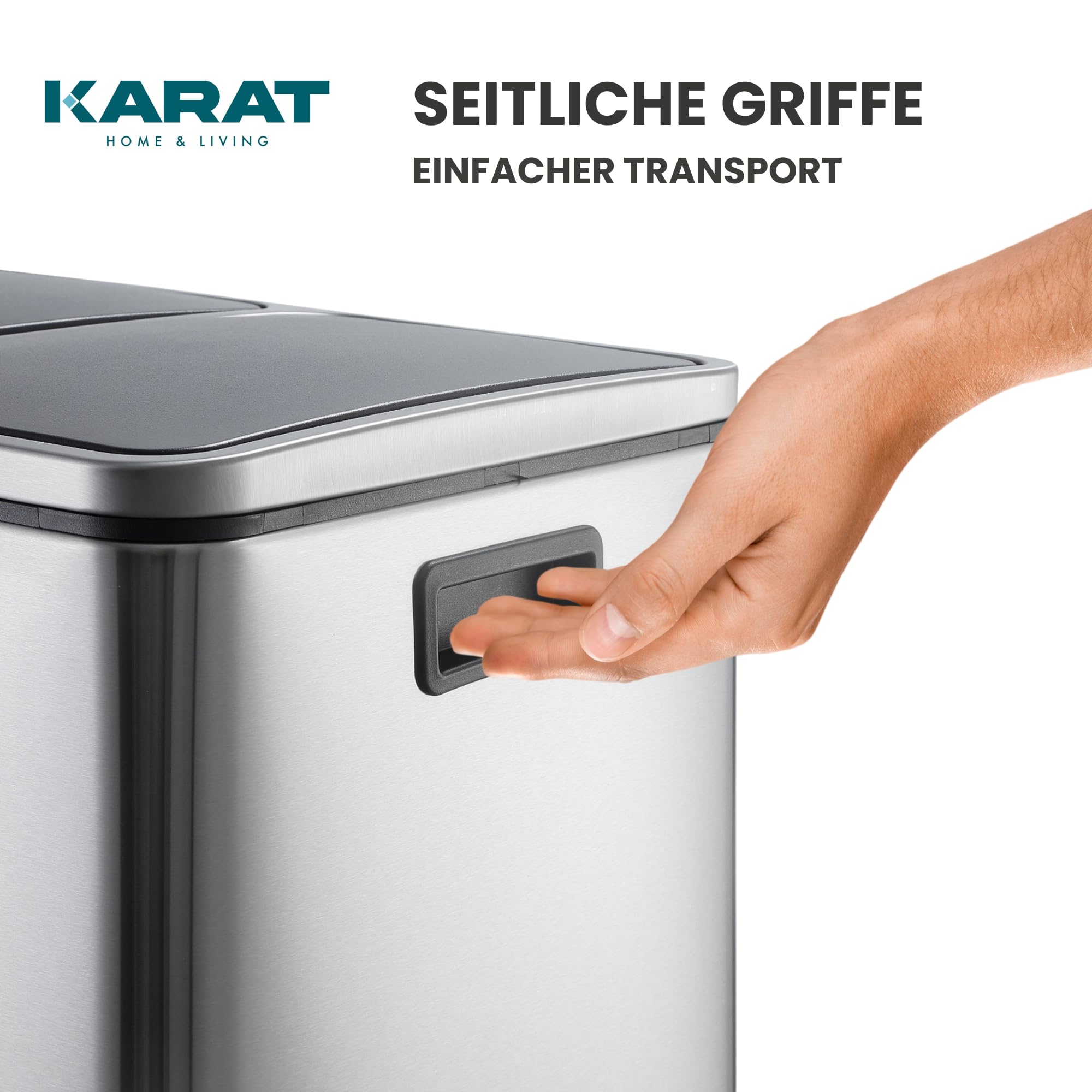 KARAT Mülleimer Küche 2×30L Edelstahl | 2-Fach Mülltrennsystem, Treteimer Küche, Metall, Soft-Close, luftdicht, Kunststoff-Inneneimer, Klappdeckel – (Felix)
