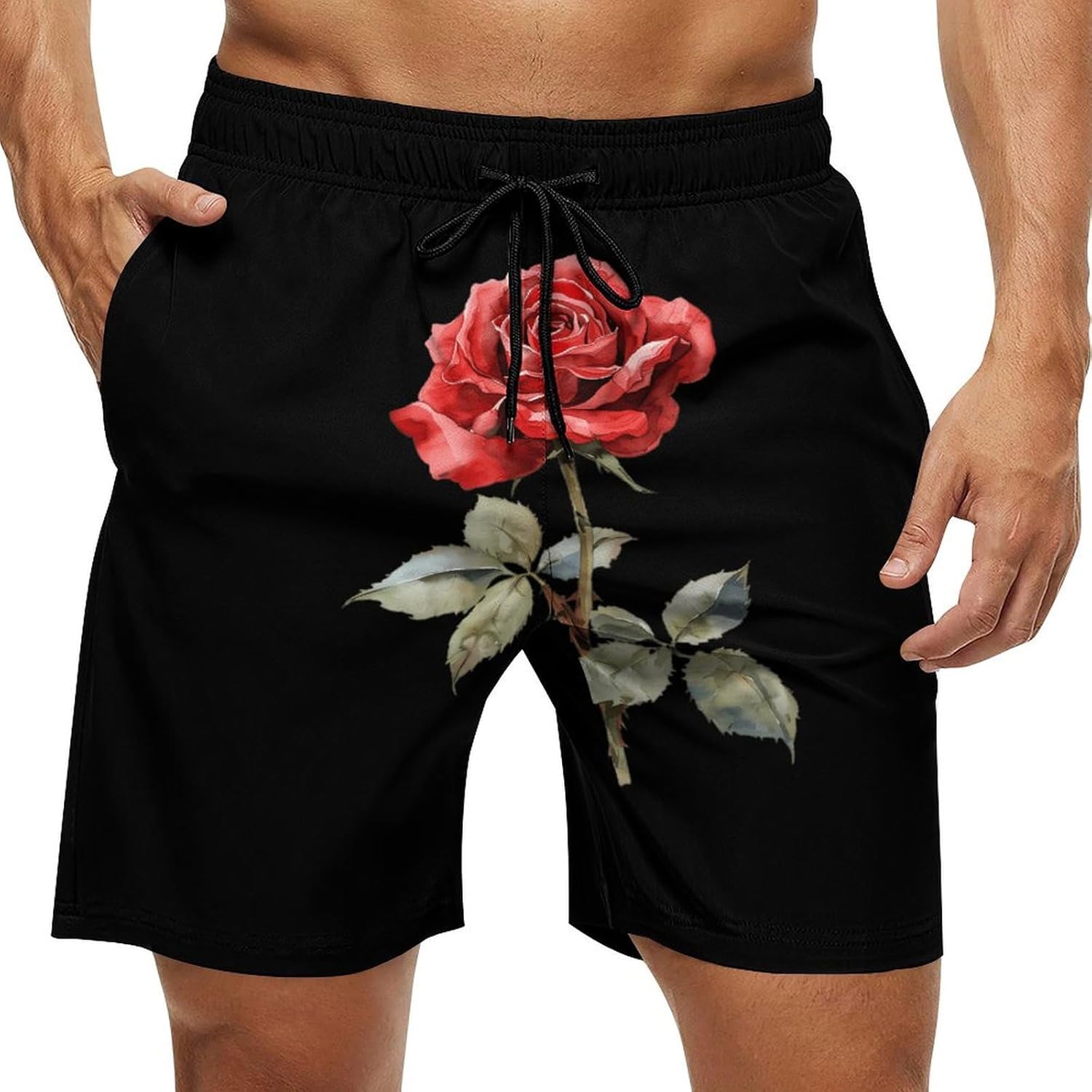 Red Rose Watercolor Casual Men's Swim Trunks Novelty Summer Beach Shorts Swimwear with Pocket