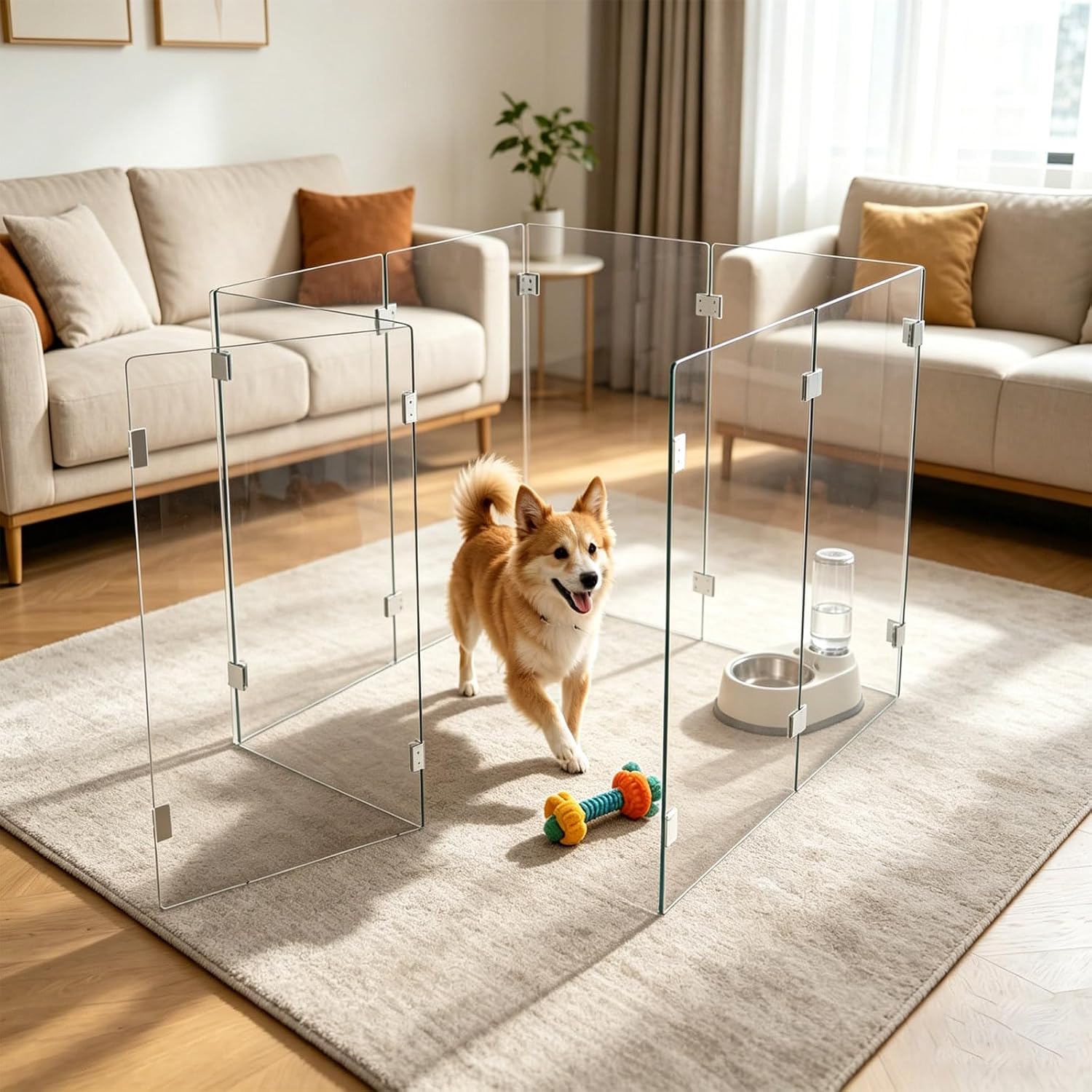 Clear Acrylic Dog Playpen, 31.5" H with Walk-in Door, 3-in-1 Frameless Modular Pet Fence, Anti-Jump Indoor Kennel for Small & Medium Dogs, 40.5" × 40.5" Acrylic Thickness: 3mm