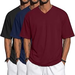 3 Pack Mens Oversized T-Shirts Short Sleeve Loose Fit Tops Casual V Neck Rolled Sleeve Tee Solid Basic