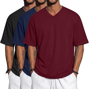 3 Pack Mens Oversized T-Shirts Short Sleeve Loose Fit Tops Casual V Neck Rolled Sleeve Tee Solid Basic