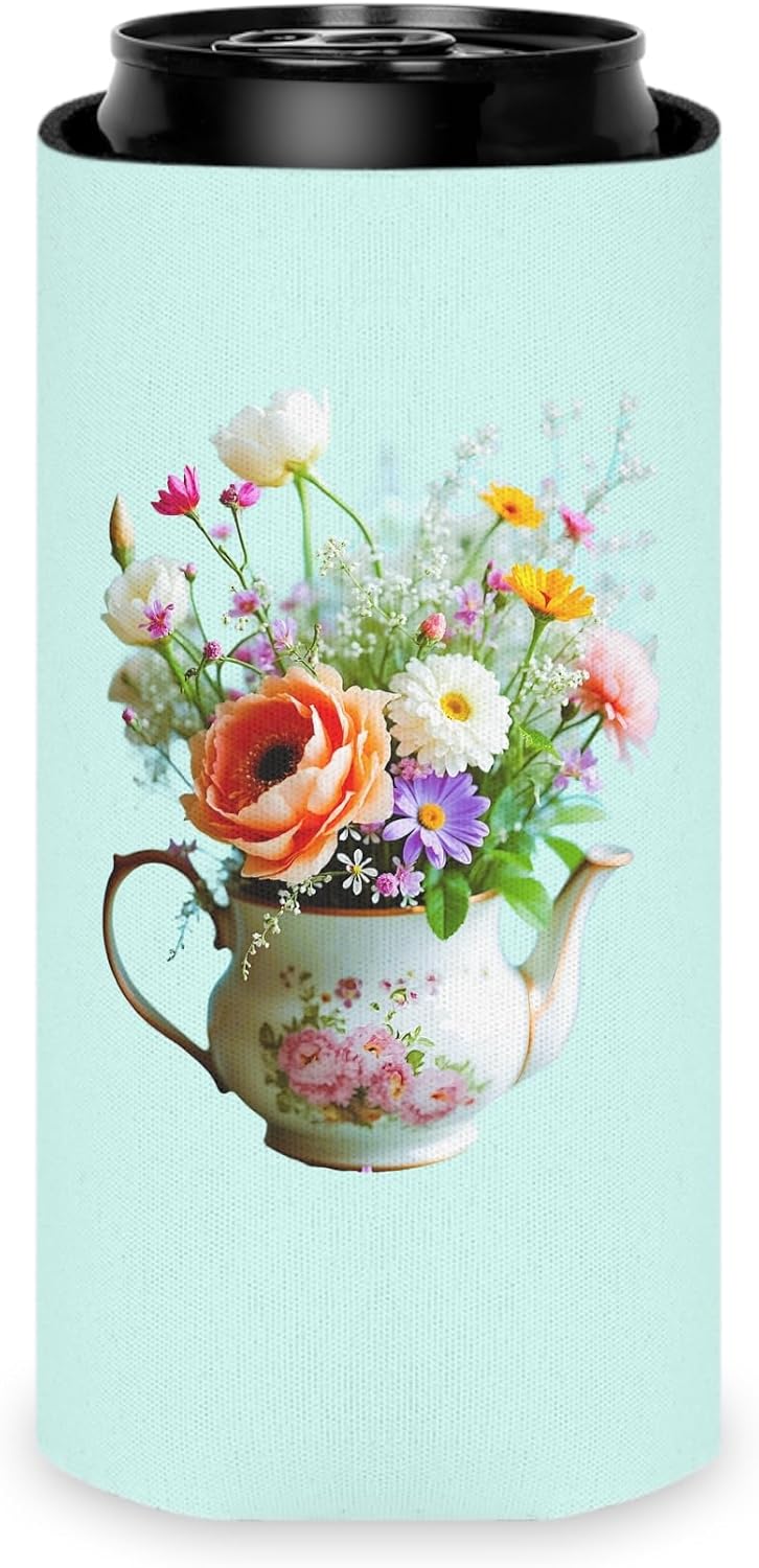 Teapot Floral Bouquet Can Cooler | Vintage Flower Spring Beverage Drink Sleeve