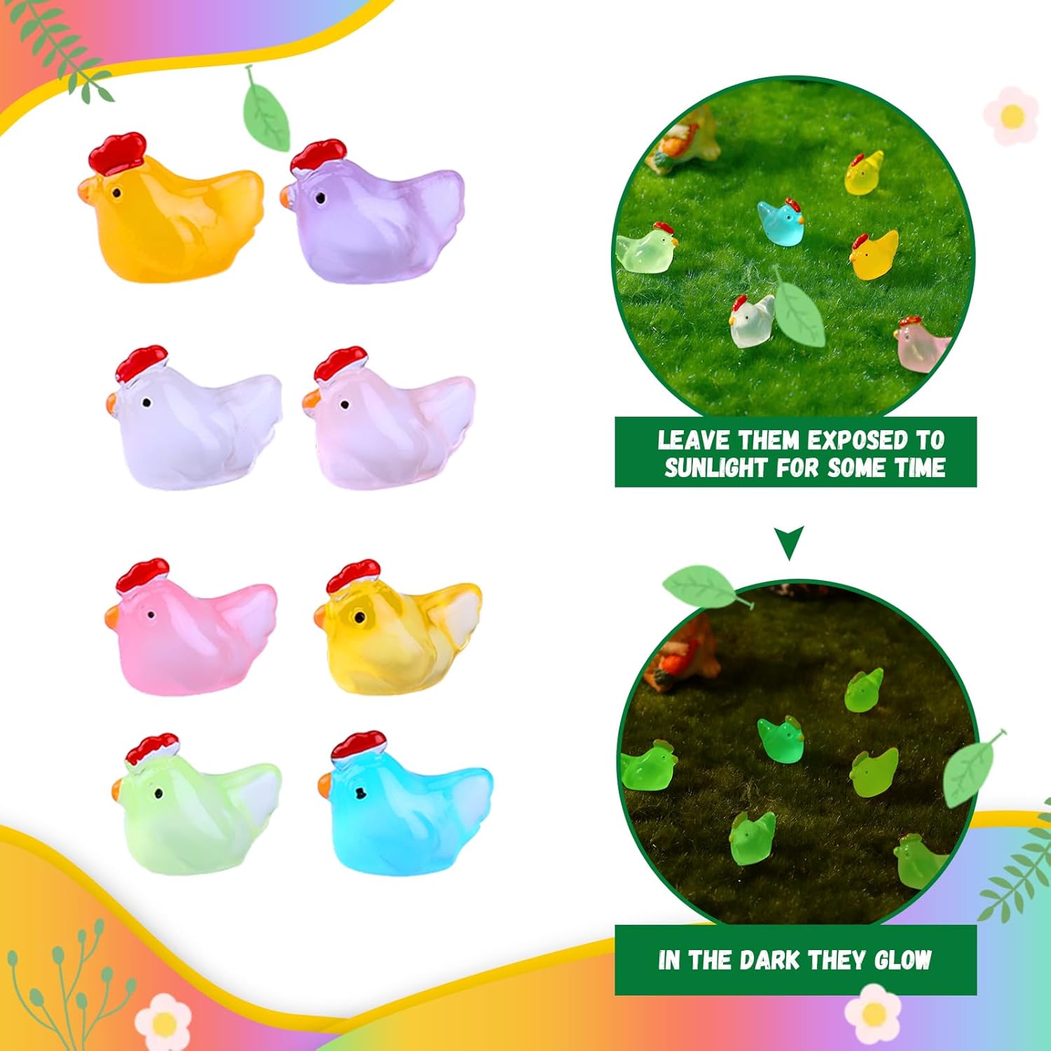 120 Pcs Luminous Mini Hens Figurines Glow in The Dark Tiny Resin Cute Chicken Miniature Ornament Charms for Dollhouse Fairy Garden Potted Room Home Decor