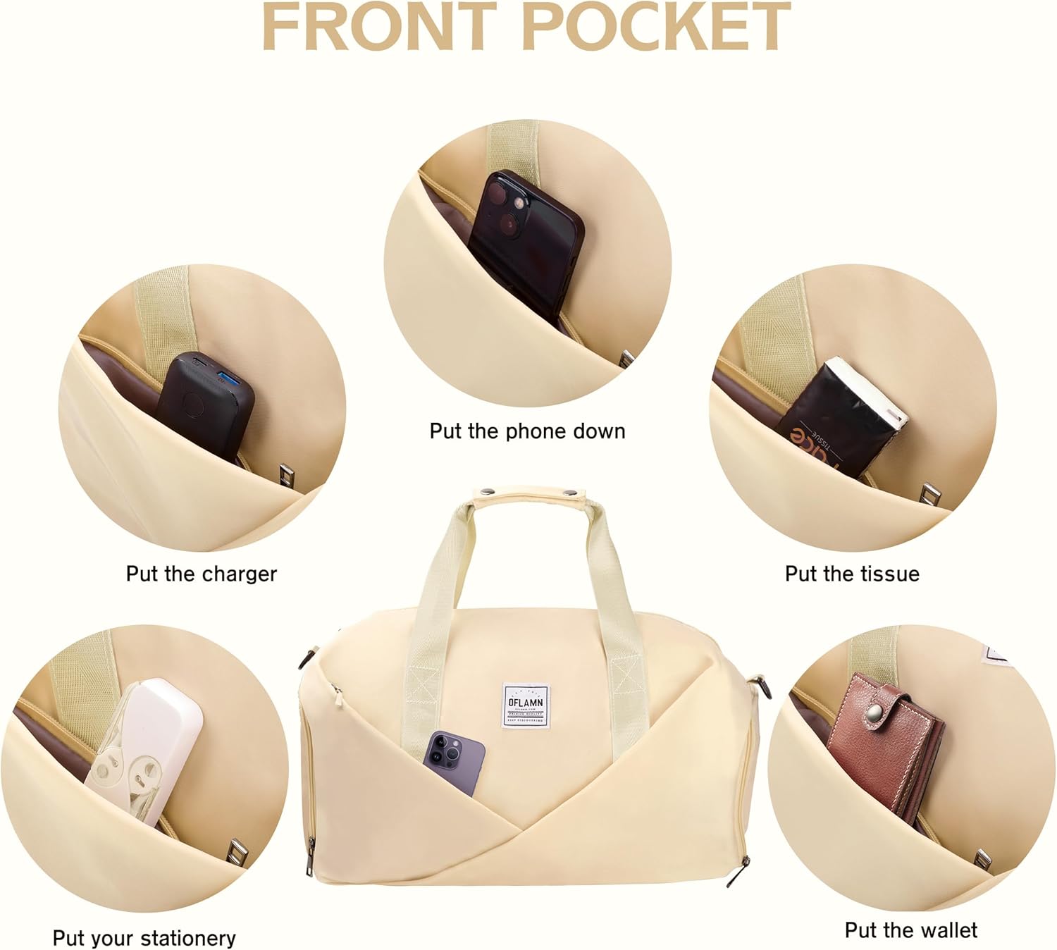 Oflamn Gym Bag for Women Men, Travel Duffle Bag, Sports Tote Gym Bag with Shoe Compartment & Wet Pocket & Trolley Sleeve, Weekender Overnight Bag for Travel Gym Yoga Hospital (Beige)