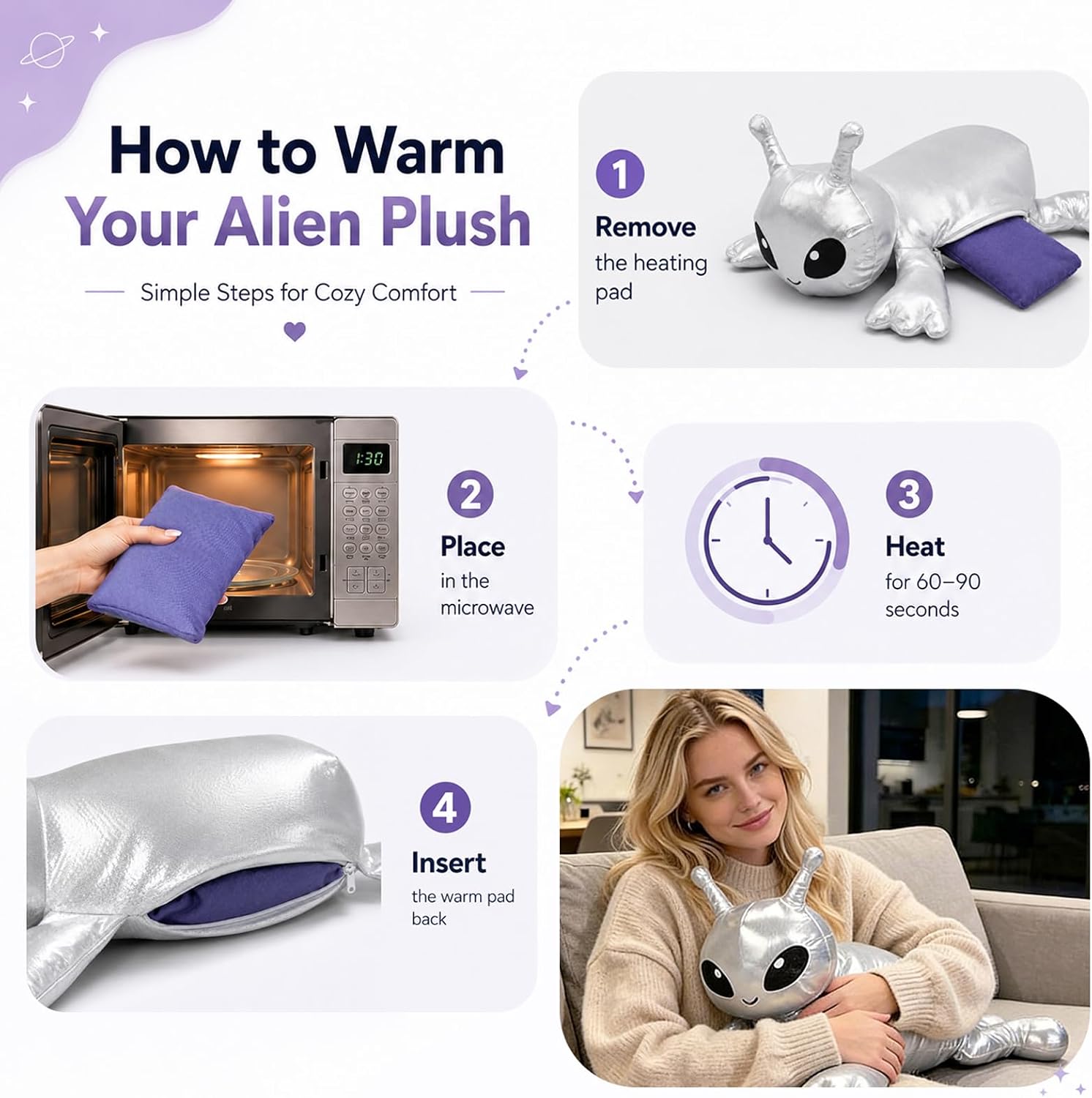 3.5Lbs Weighted Alien Stuffed Animal, 21" Microwavable Silver Alien Plush with Removable Heating Pad, Heatable Coolable Galaxy Buddy Space Gift for Kids Adult image 2