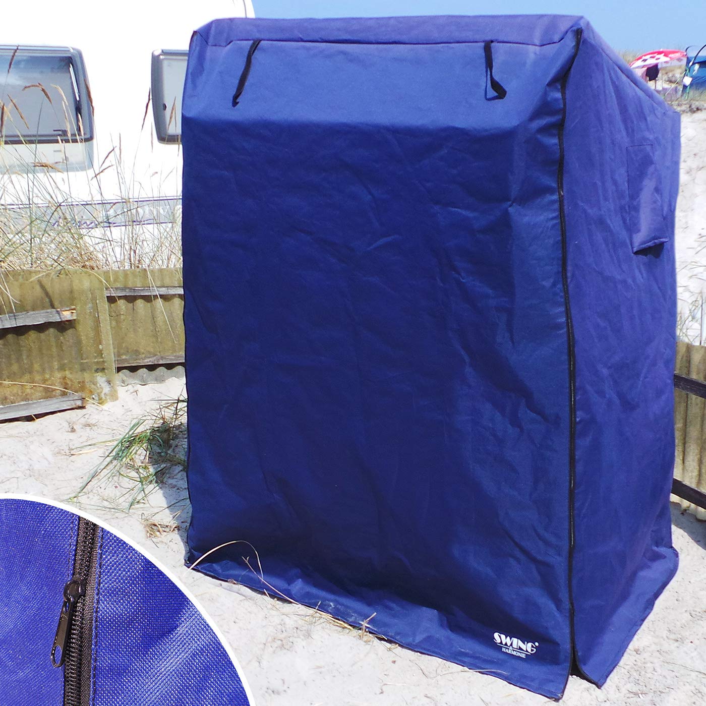 Swing & Harmonie LED - Strandkorb XXL - 118cm inkl. Abdeckcover Luxus Volllieger mit Solarmodul Ostsee Sonneninsel Rattan Möbel Polyrattan (grau/weiß - nadelstreifen)